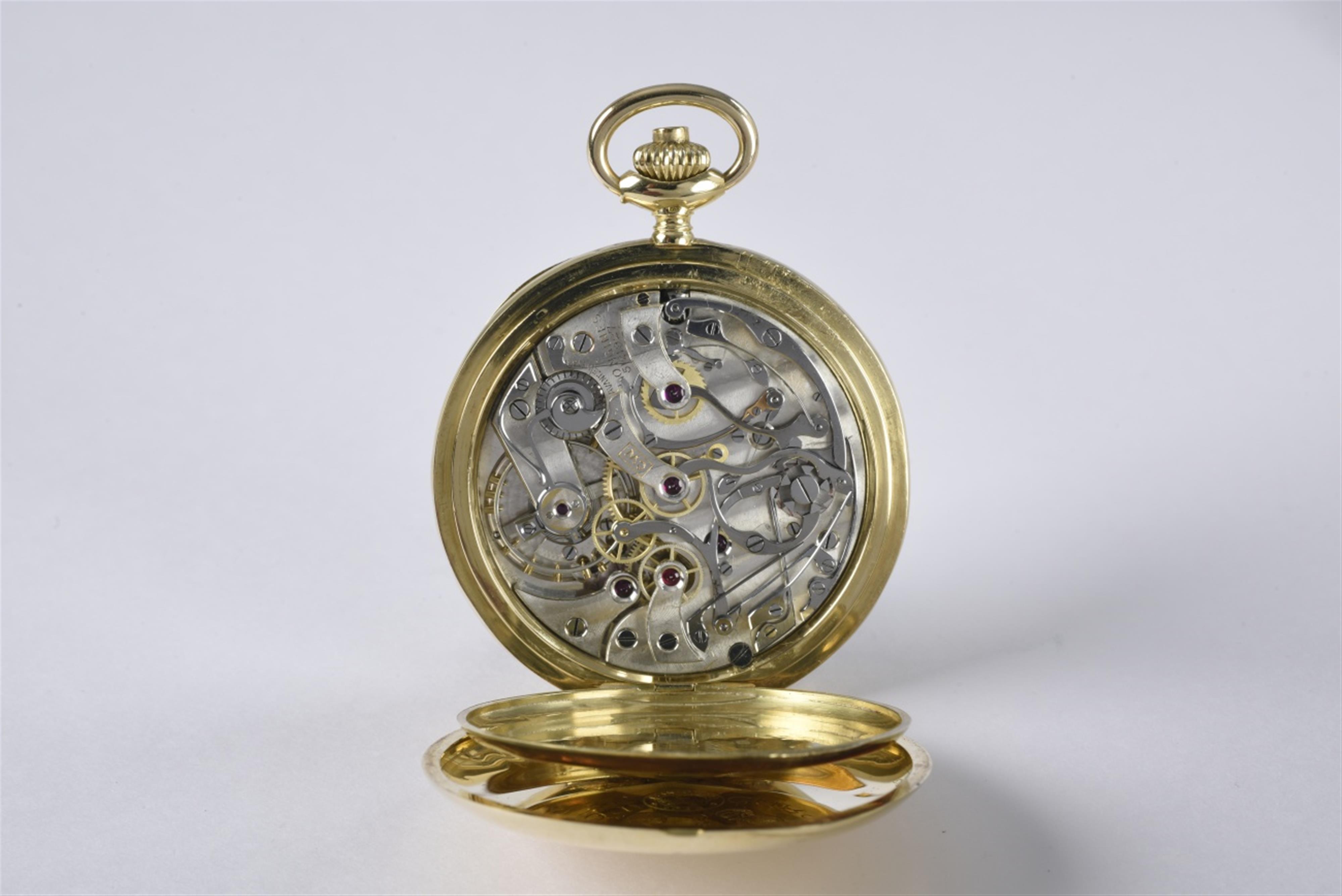 A Longines 18k yellow gold open face doctor's chronograph pocket watch with pulsations - image-3