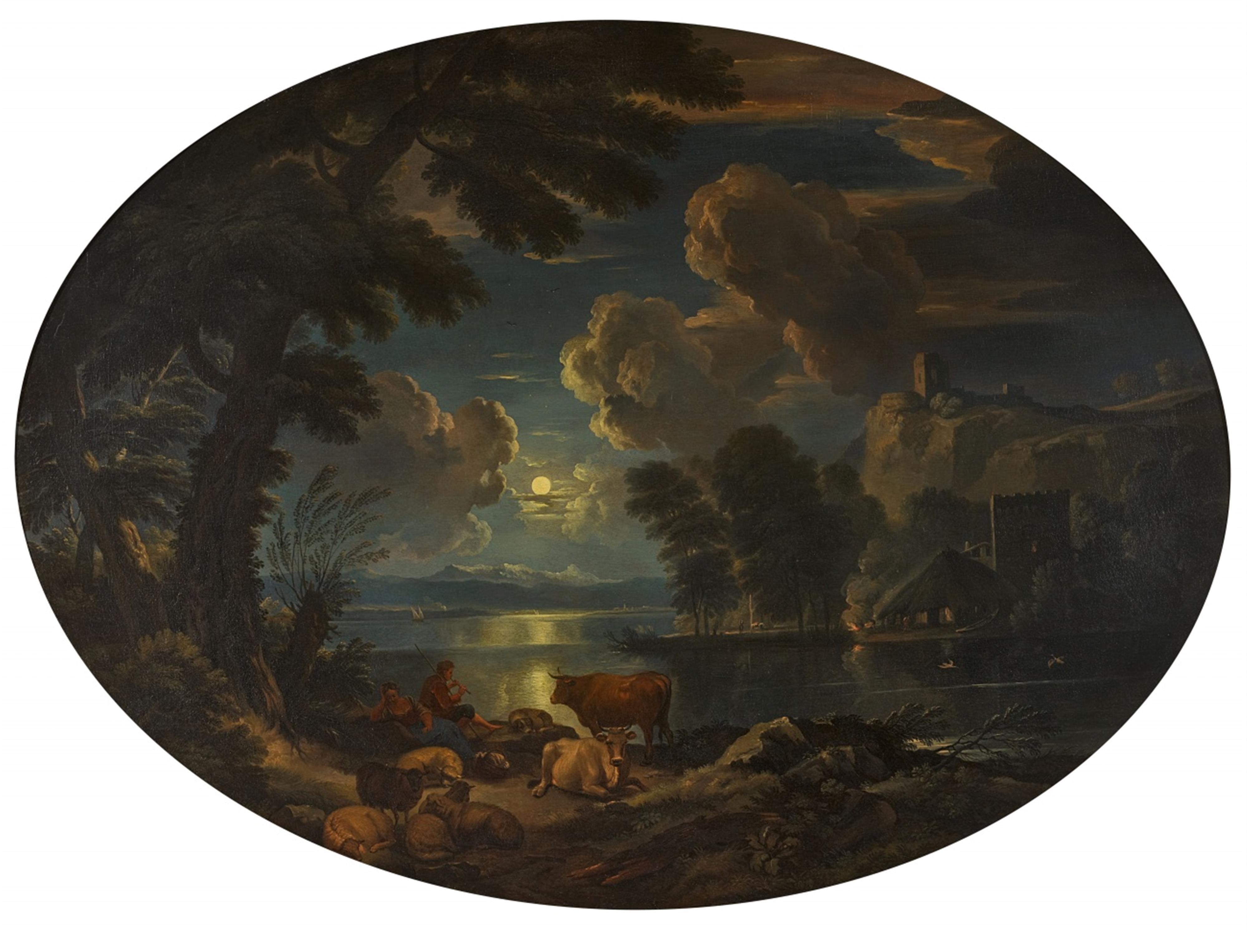 Pieter Mulier, called Tempesta - Moonlit River Landscape with a Shepherd and his Flock