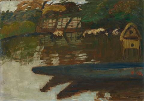 Otto Modersohn - Herbst an der Wümme mit Booten, Entenhaus, Kühen und Wilkens Scheune