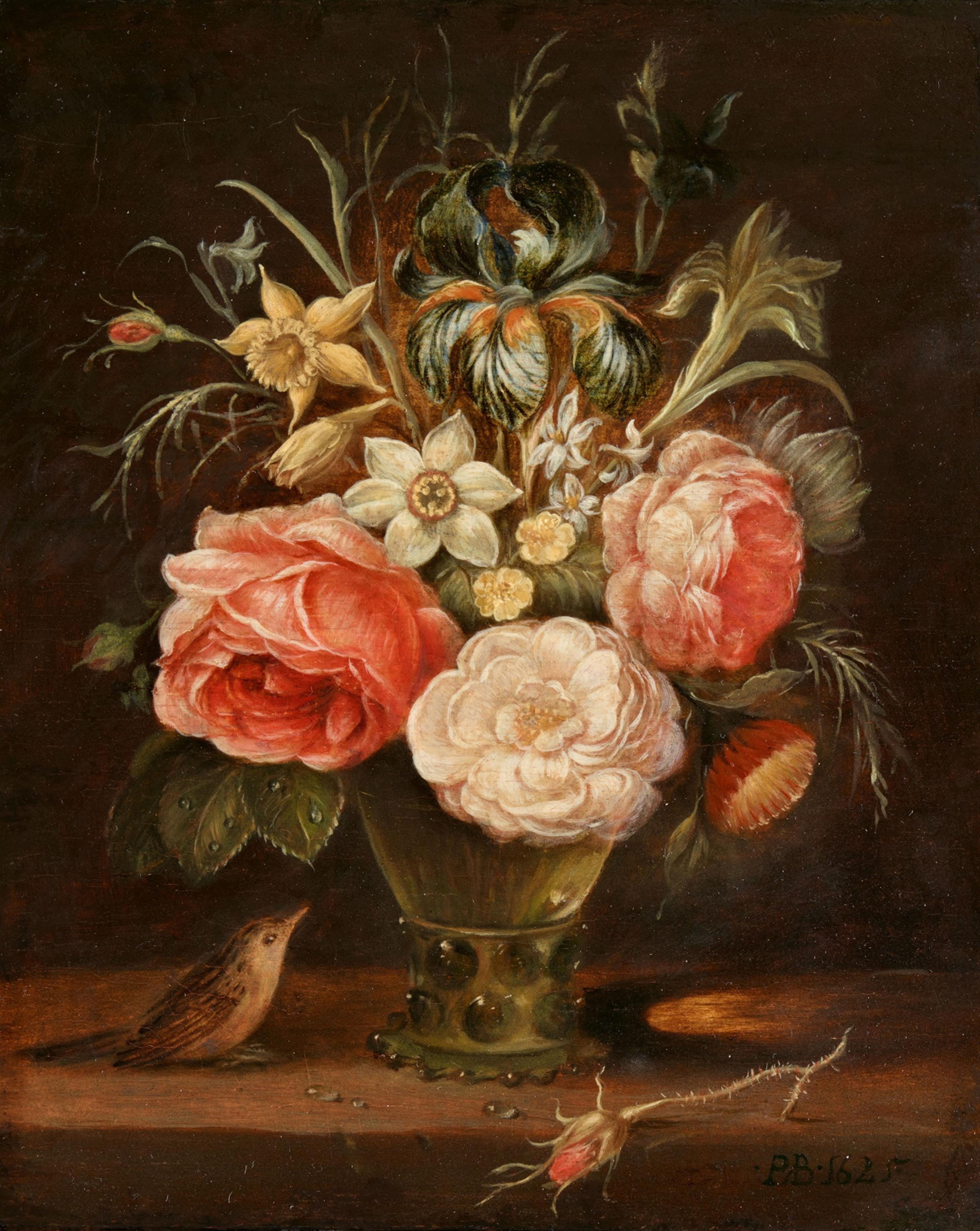 Peter Binoit - Flower Still Life in a Glass Vase with a Bird