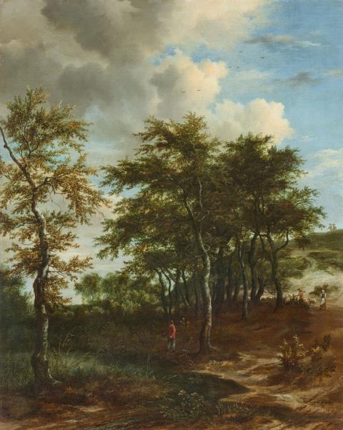 Jacob van Ruisdael - Landscape with Tall Trees, a Fisherman, and Shepherds