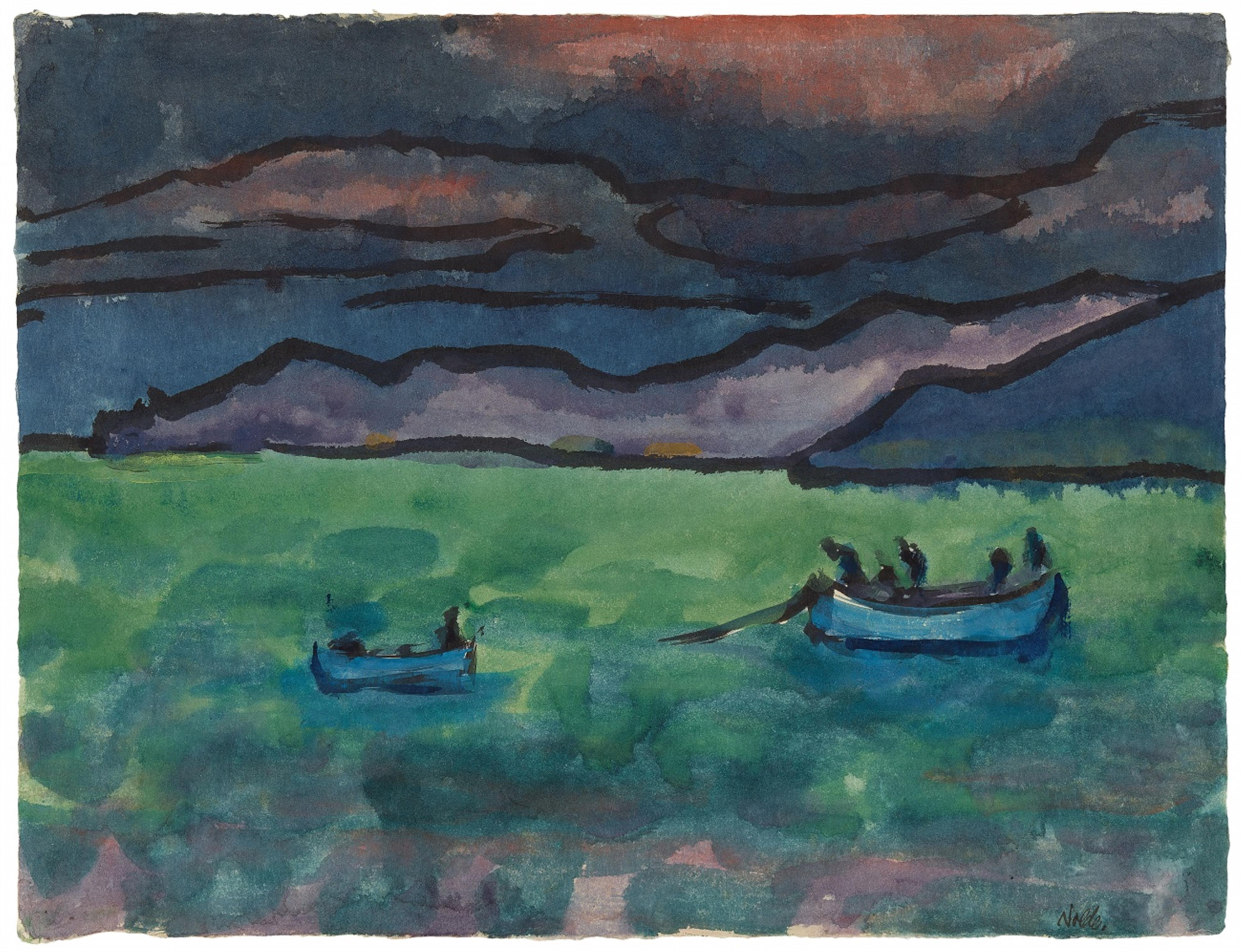 Emil Nolde - See mit zwei blauen Booten vor Berglandschaft - image-1