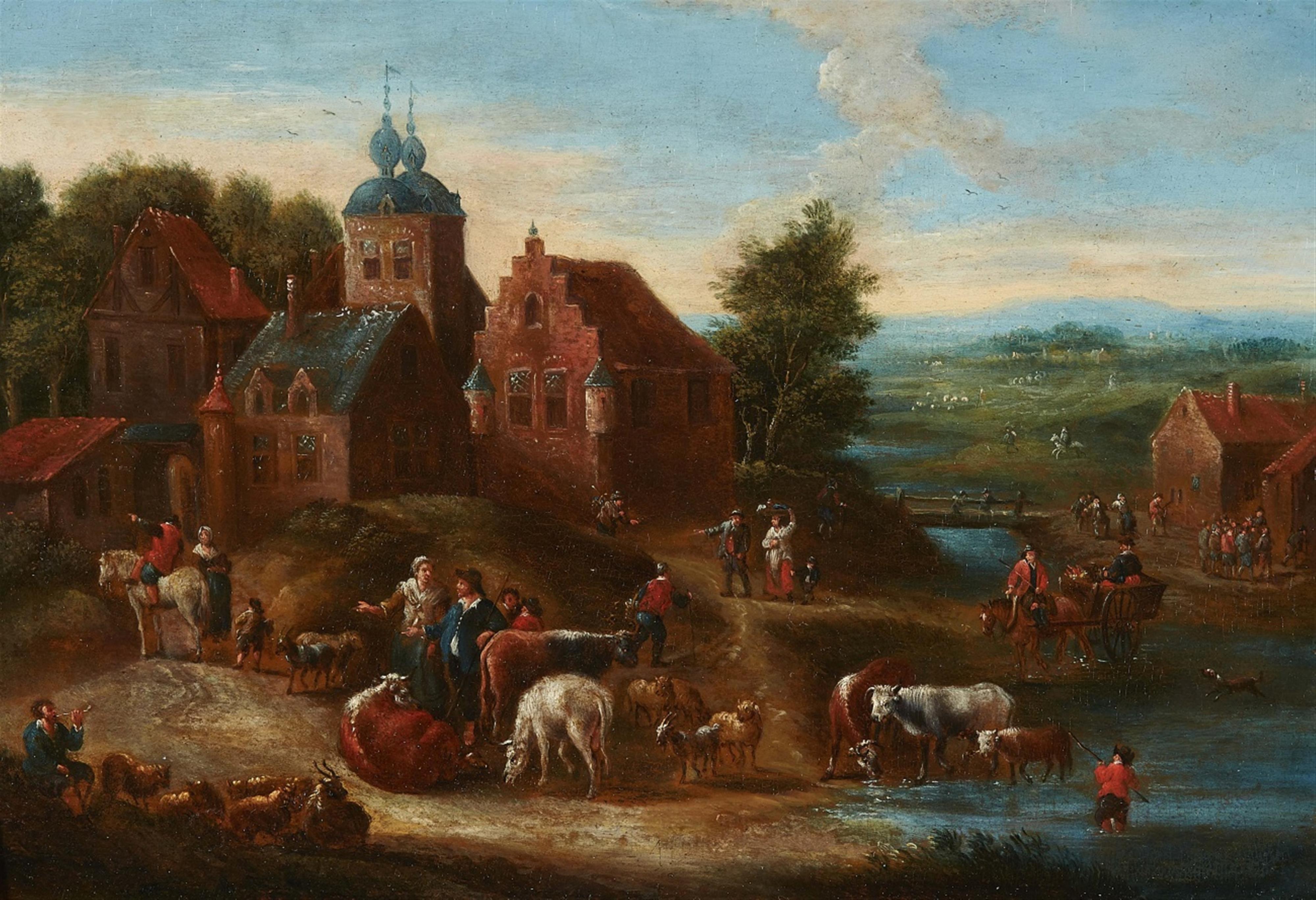 Flämischer Meister um 1700 - Dorflandschaft mit Viehmarkt - image-1
