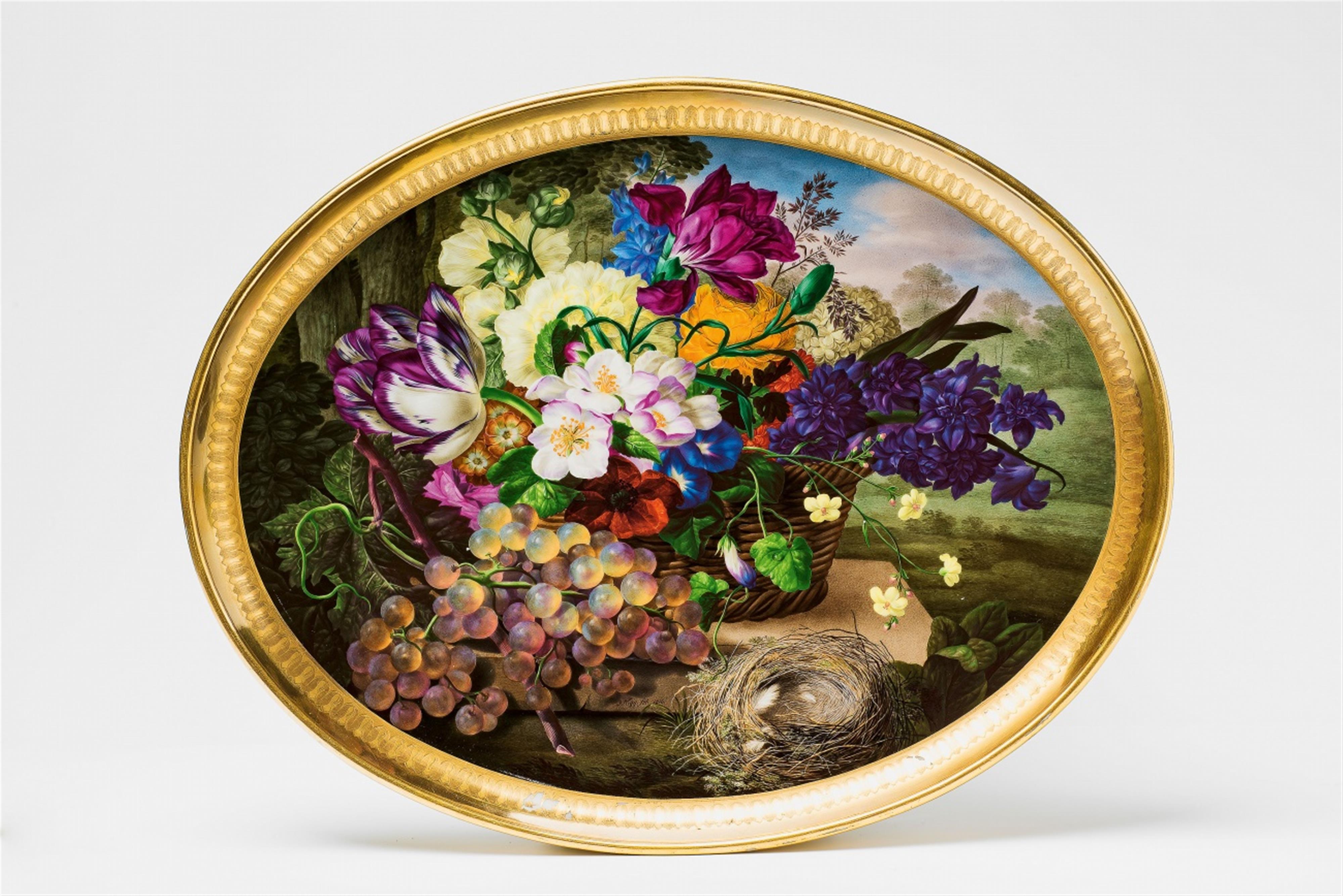 A Vienna porcelain tray with a basket of flowers, grapes, and a bird's nest - 