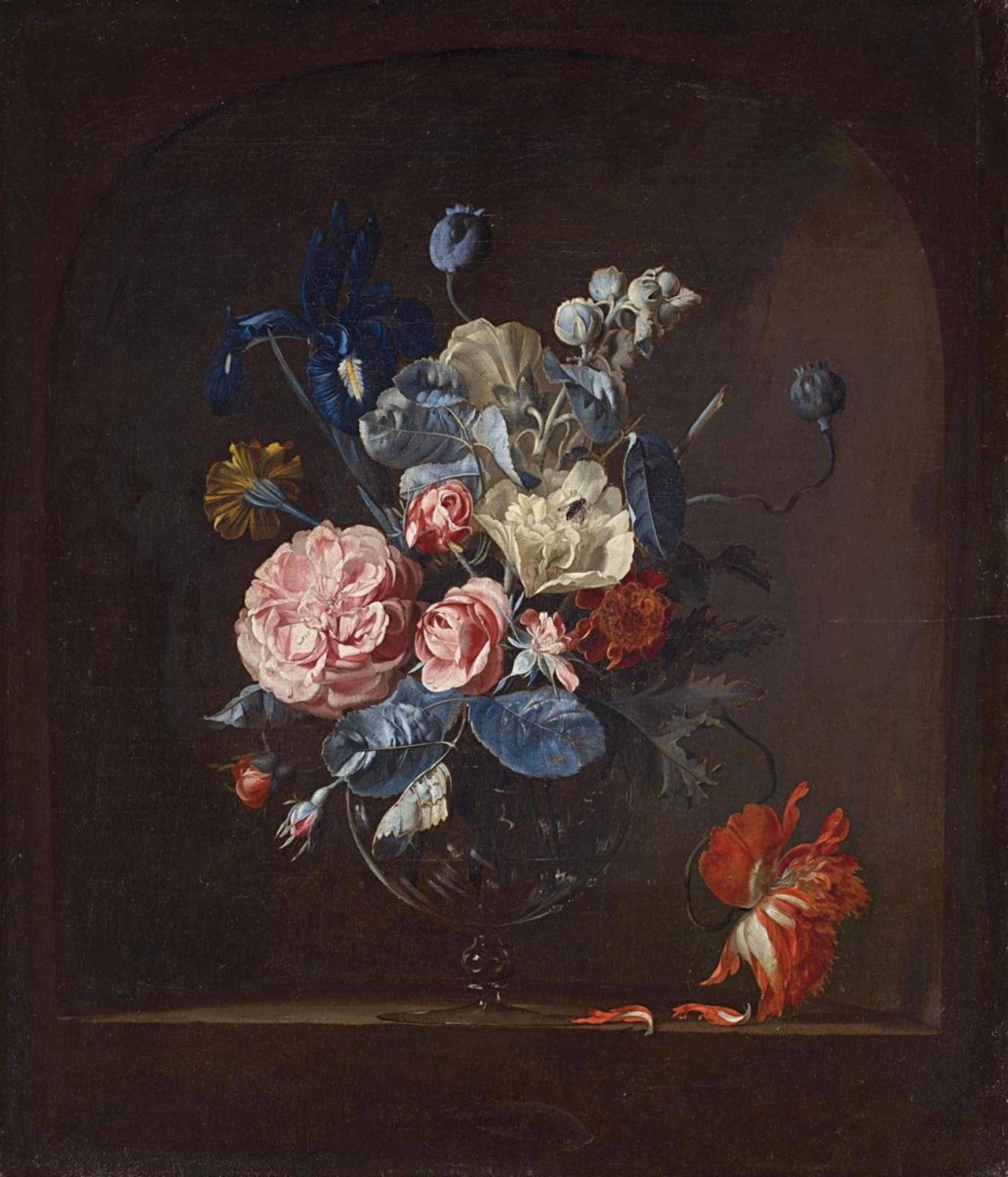 Willem van Aelst - Glasvase mit Rosen, Iris, Tagetes und Tulpe in einer Nische - image-1