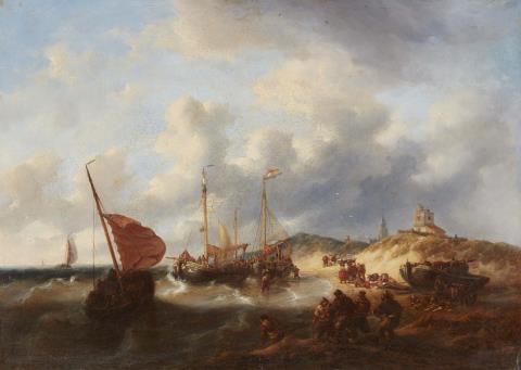 Niederländischer Künstler des 19. Jahrhunderts - Anlandende Segelschiffe am Strand von Scheveningen