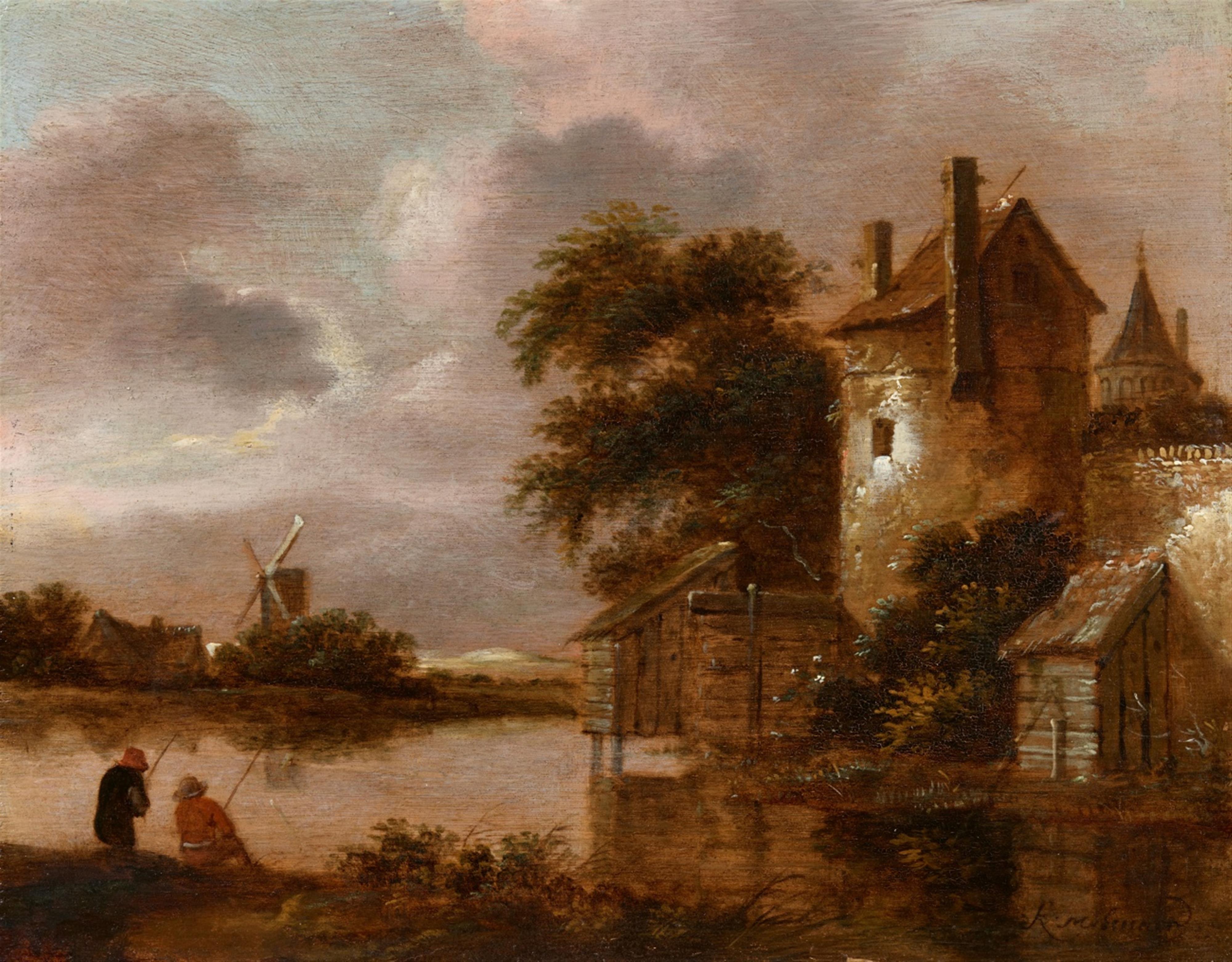 Klaes (Nicolaes) Molenaer - Flusslandschaft mit Gebäuden am Ufer und einer Windmühle - image-1