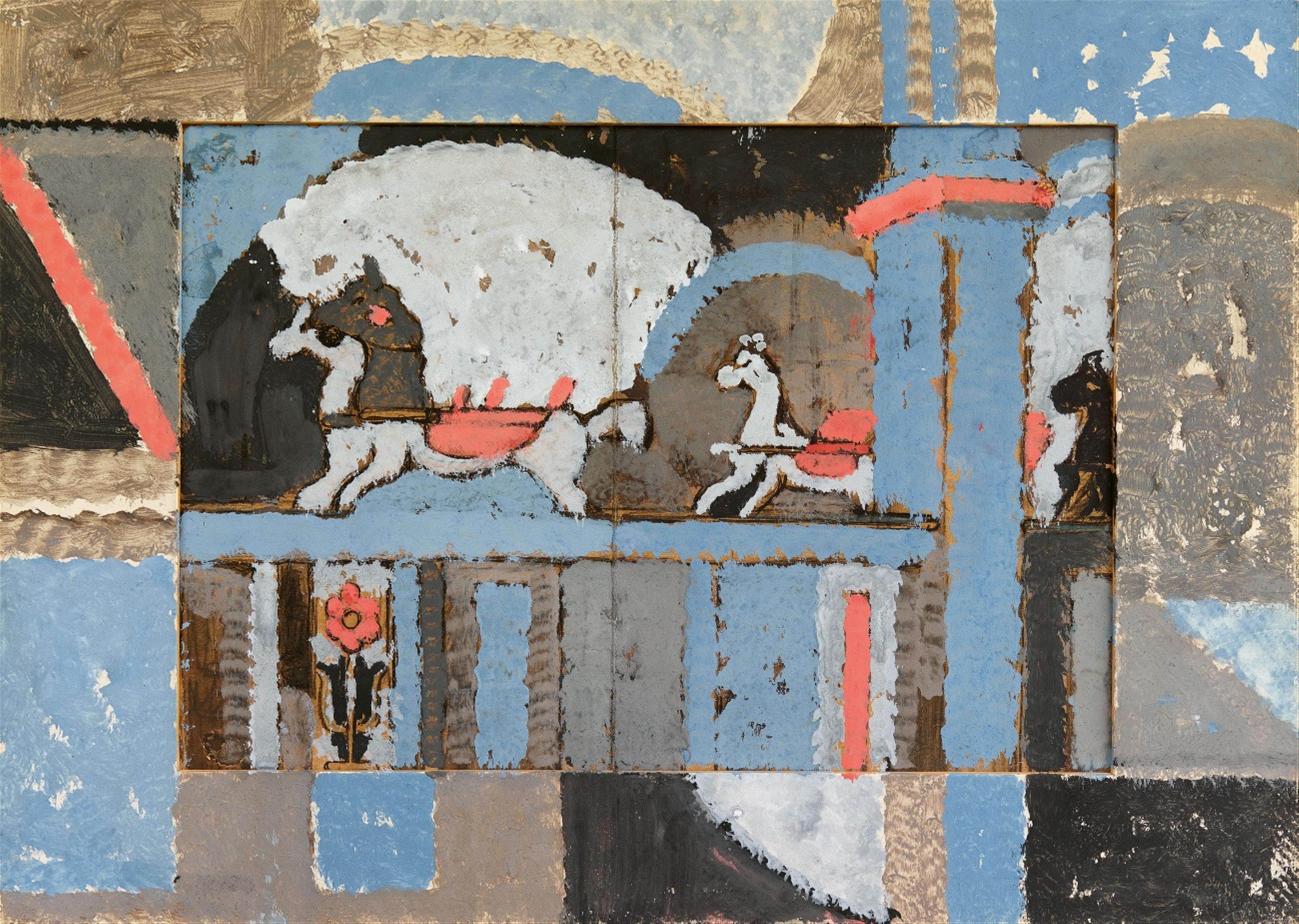 Albert Wigand - Ohne Titel (Pferdchen hinter der Mauer; Mauerblümchen), verso: Ohne Titel (Interieur mit Hängelampe) - image-1
