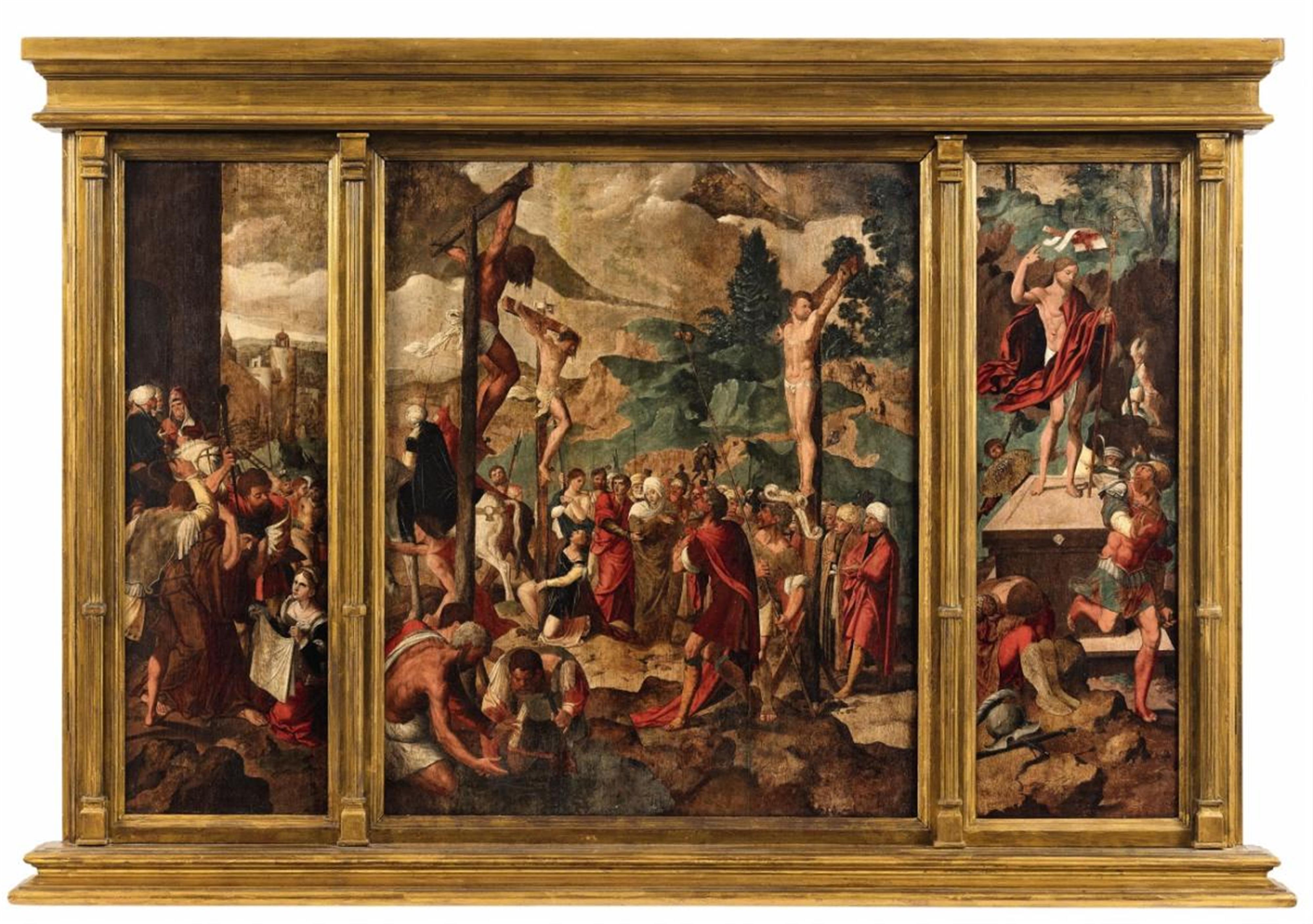 Niederländischer Meister 16. Jahrhundert - Flügelaltar mit der Kreuzigung Christi
