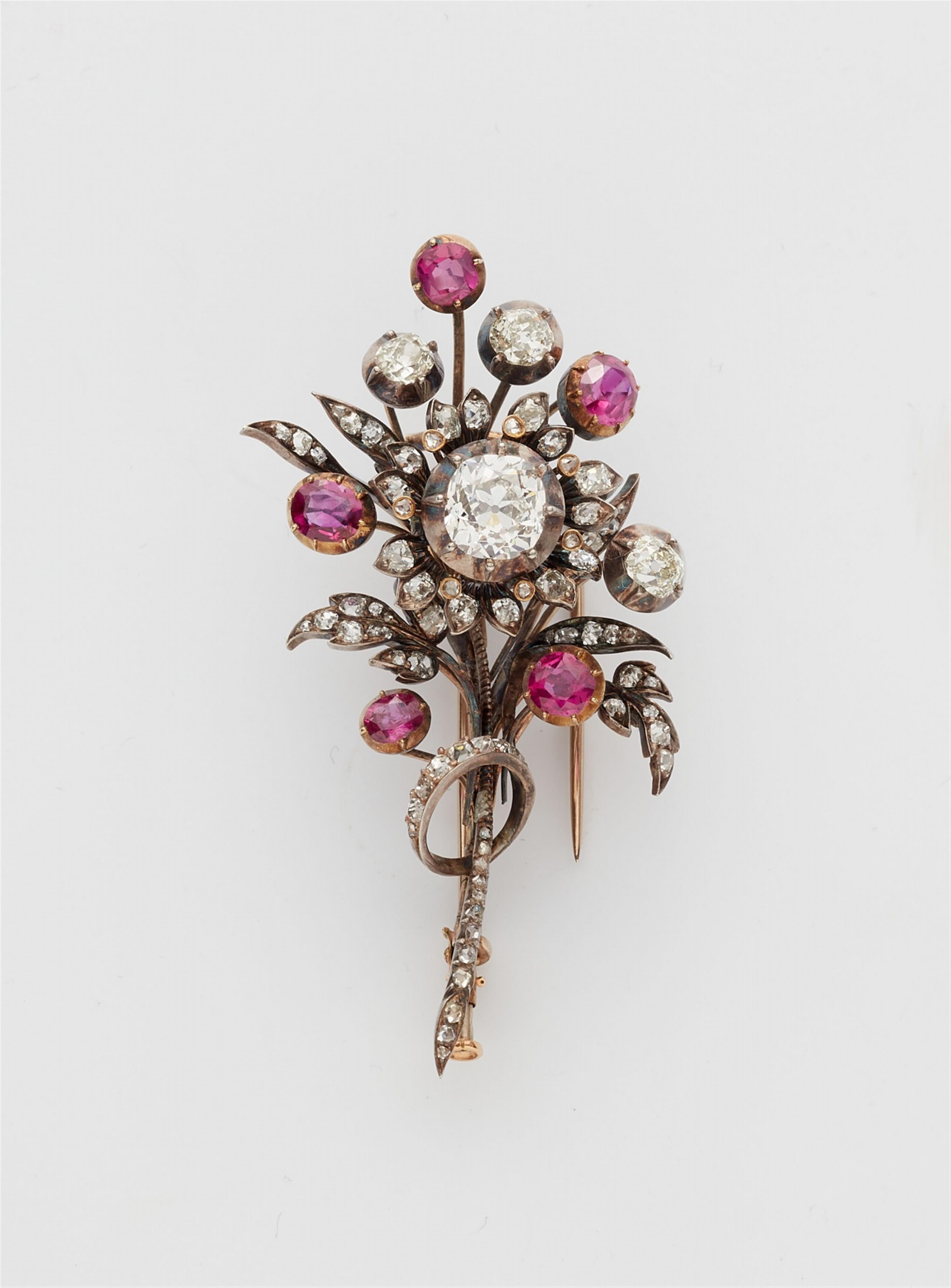 A 14 kt gold ruby and diamond bouquet brooch - image-1