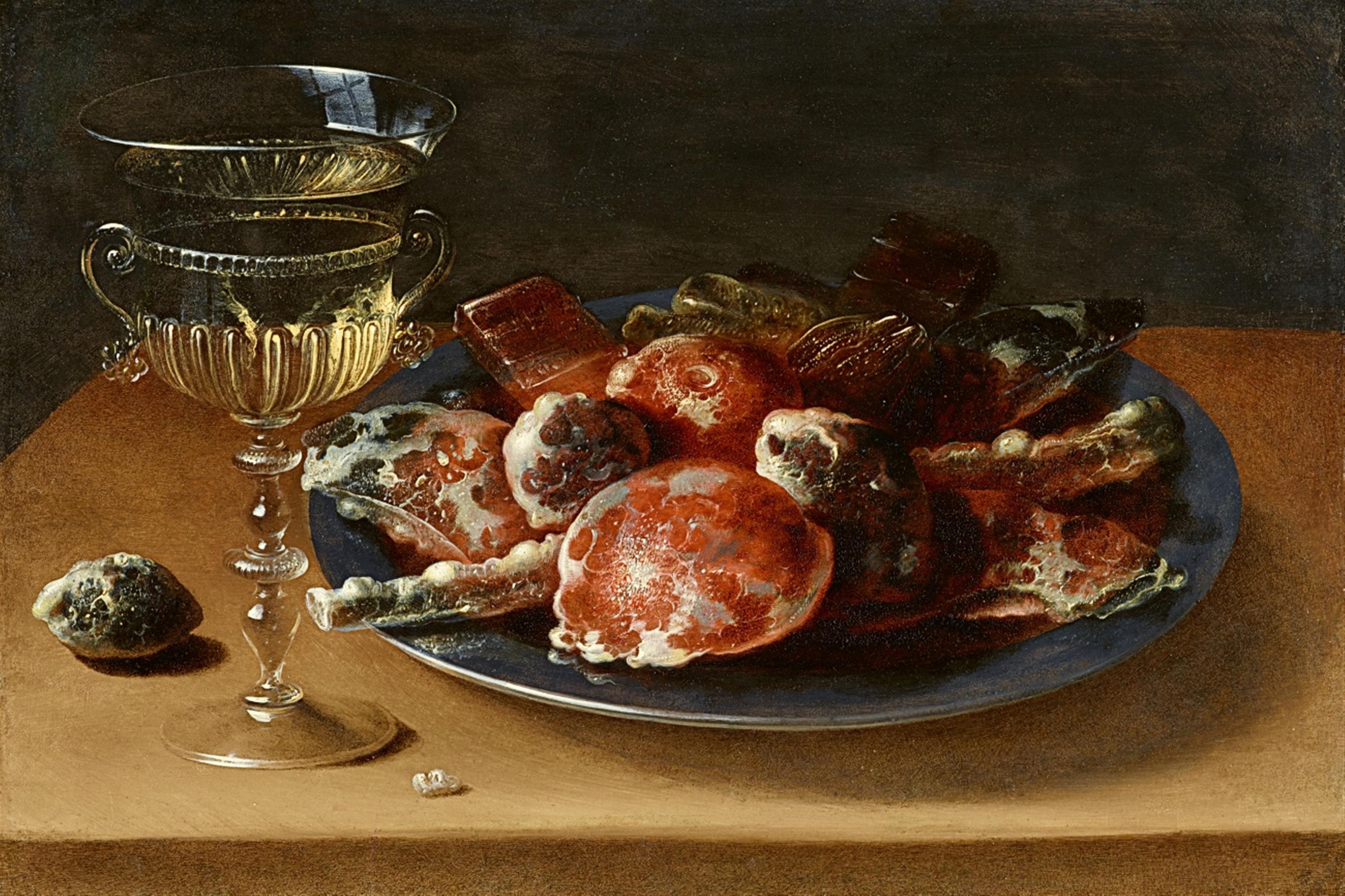 Ossias Beert - Still Life of Sweets on a Pewter Plate and a Façon de Venise Wineglass, on a Wooden Ledge