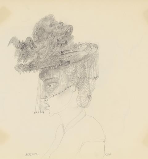 Hans Bellmer - Ohne Titel (Dame mit animalischem Hut). Rückseitig: Kopfstudien