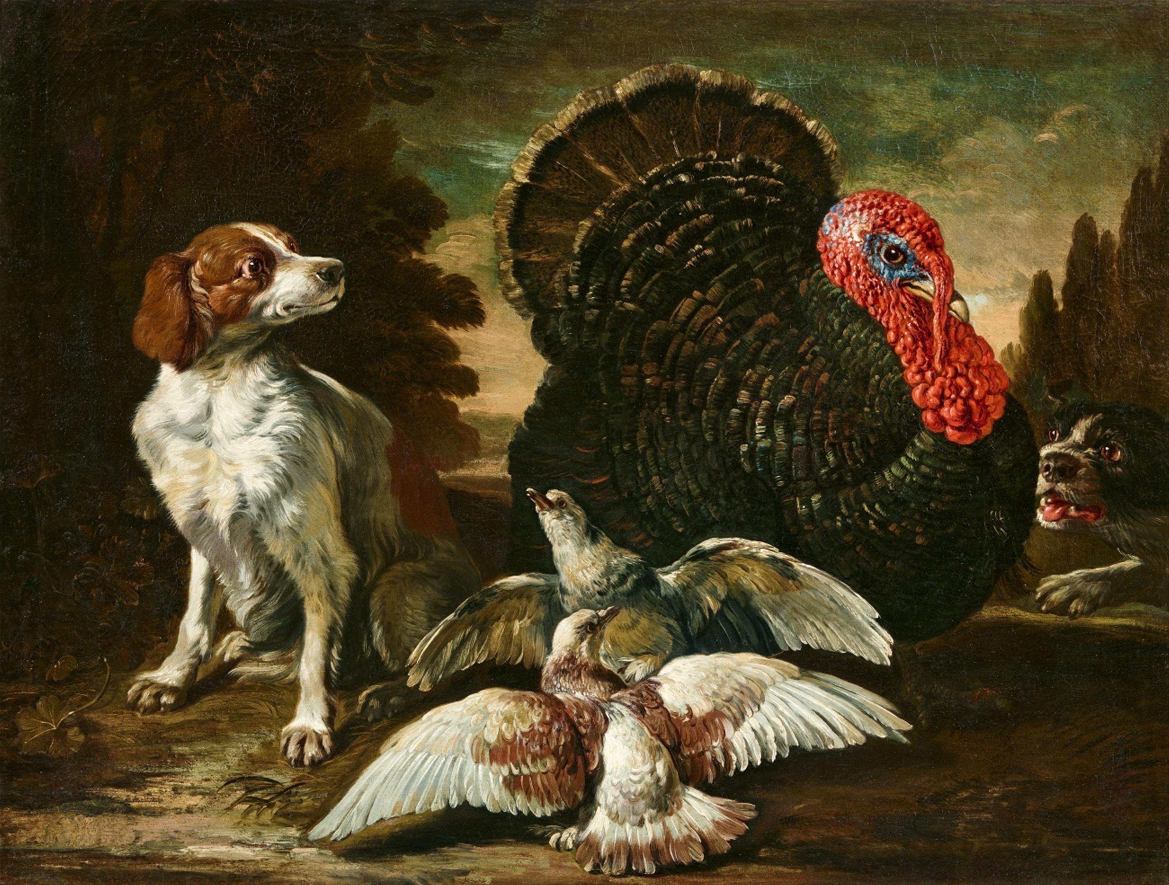 David de Coninck - Ein Truthahn, zwei Hunde und zwei Tauben vor einer Landschaft
Ein Pfau, zwei Hühner und zwei Kaninchen vor einer Landschaft