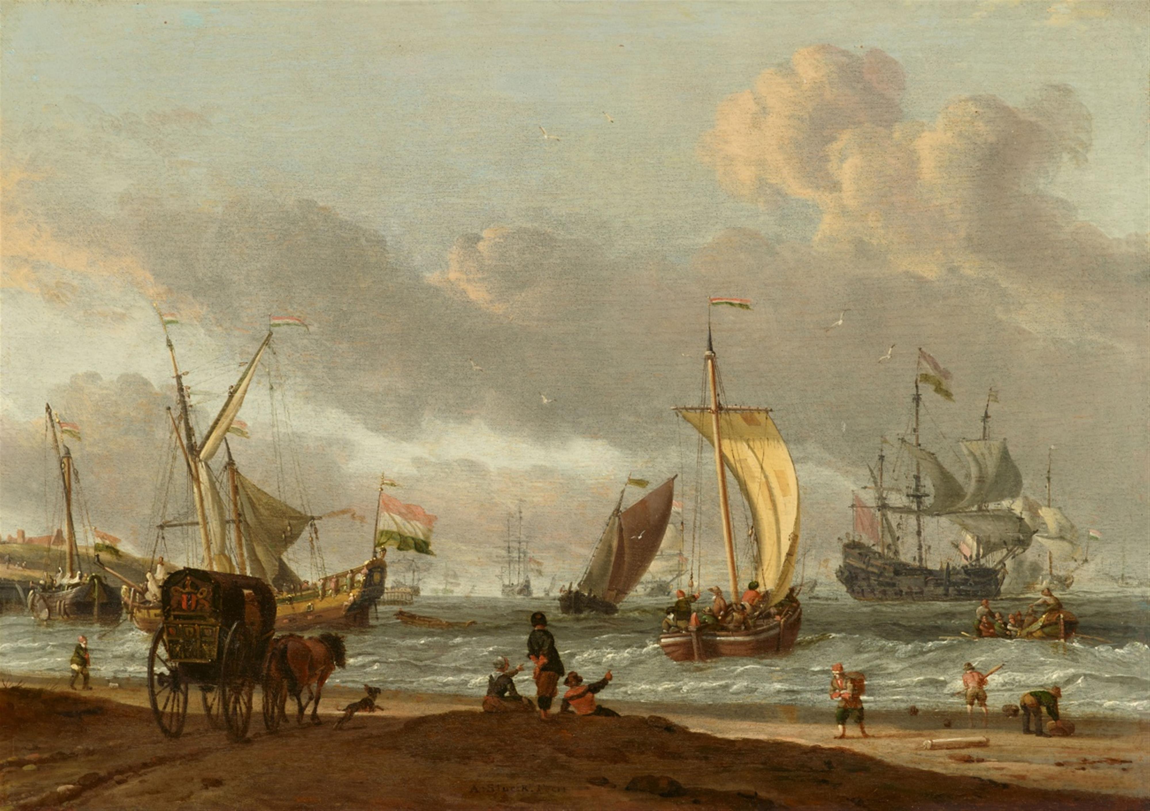 Abraham Storck - Ufer- und Meereslandschaft mit Schiffen und Figuren