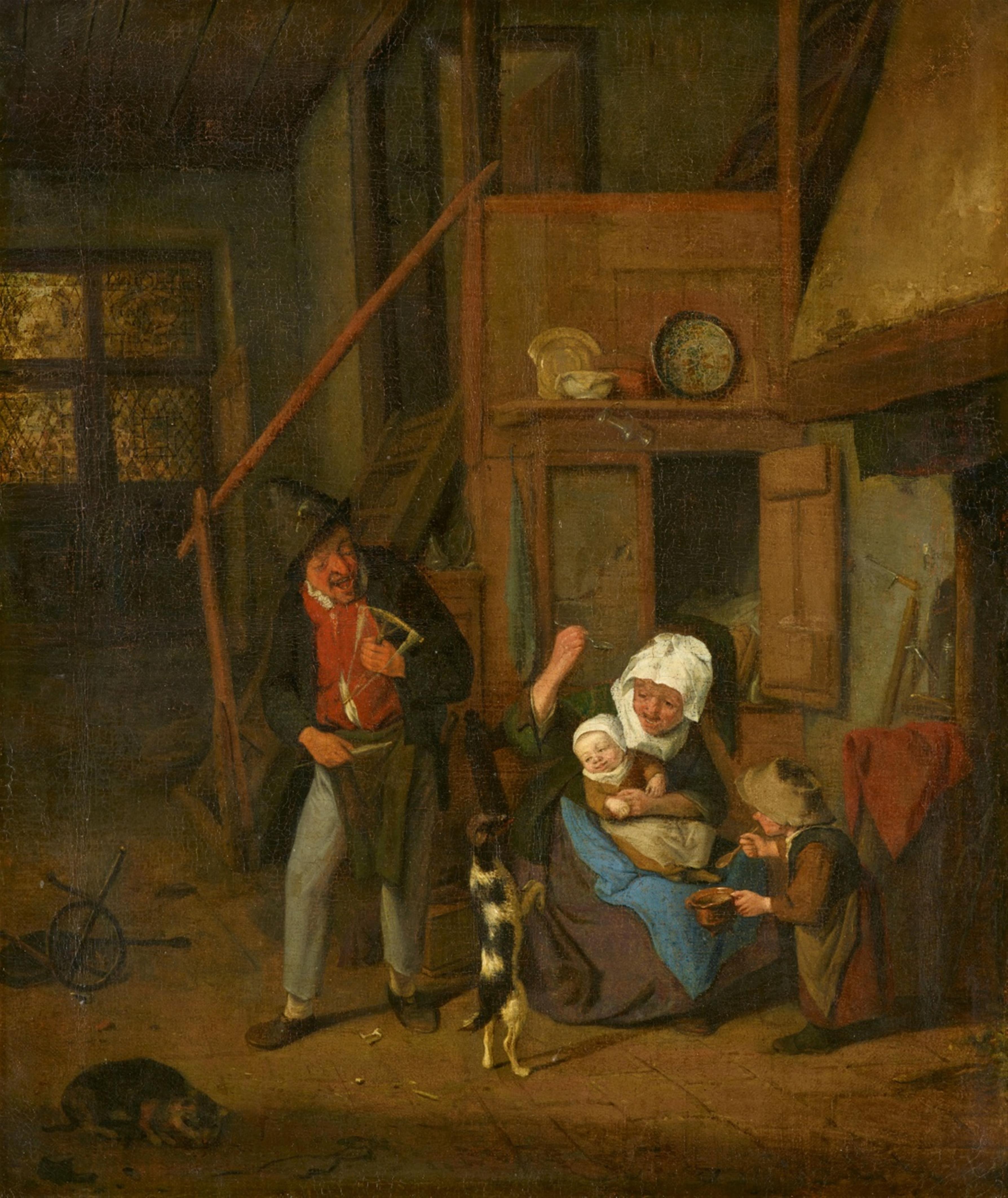 Cornelis Dusart - Interior Scene with a Peasant Family and Dog - image-1