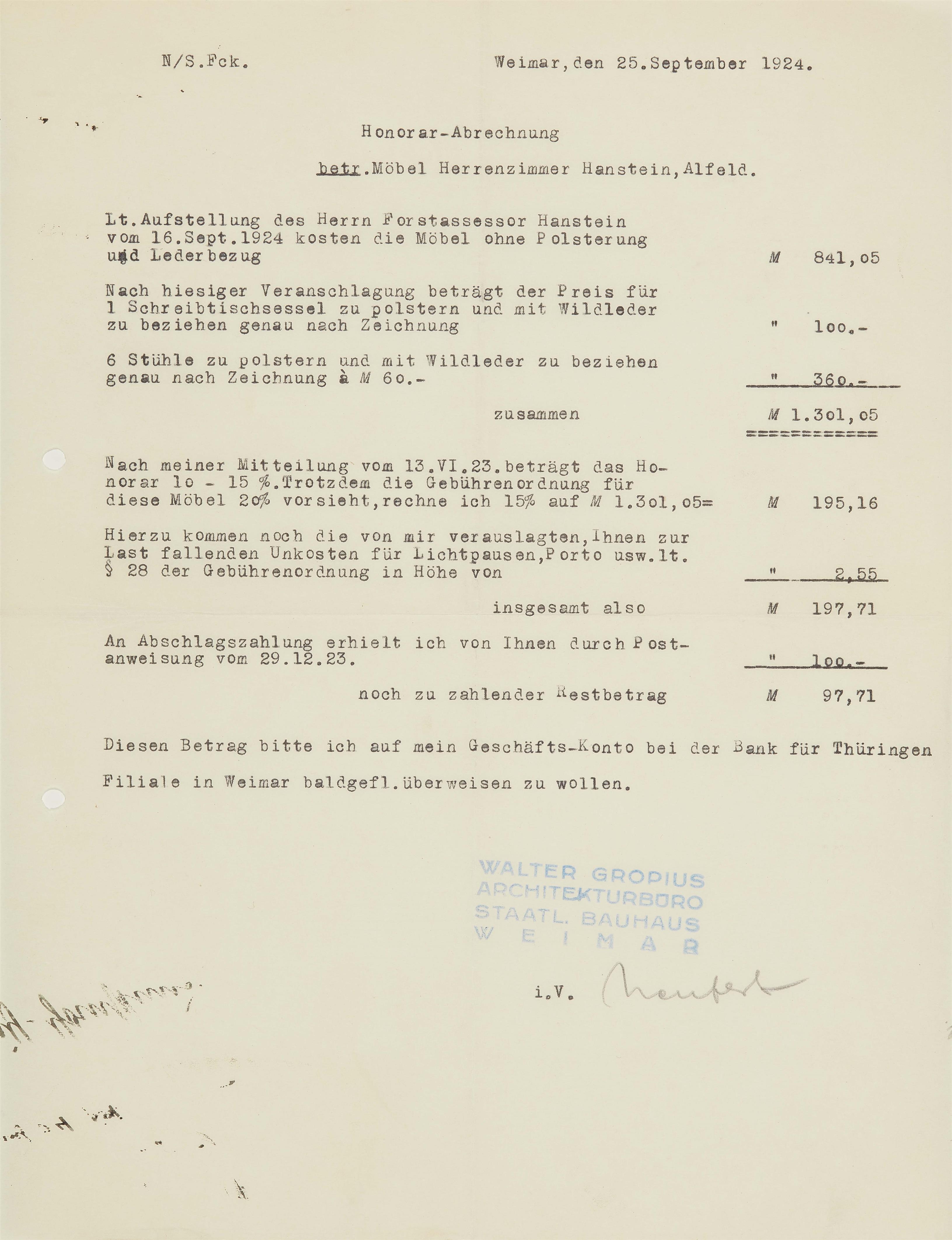 Das Herrenzimmer von Walter Gropius und Adolf Meyer für Georg und Ilse Hanstein 
inkl. sechs Briefe von Walter Gropius and Adolf Meyer sowie die originalen Aufrisspläne im Maßstab 1:1 - image-36
