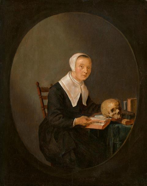 Quiringh van Brekelenkam - Portrait of a Lady reading at a Table with a Skull