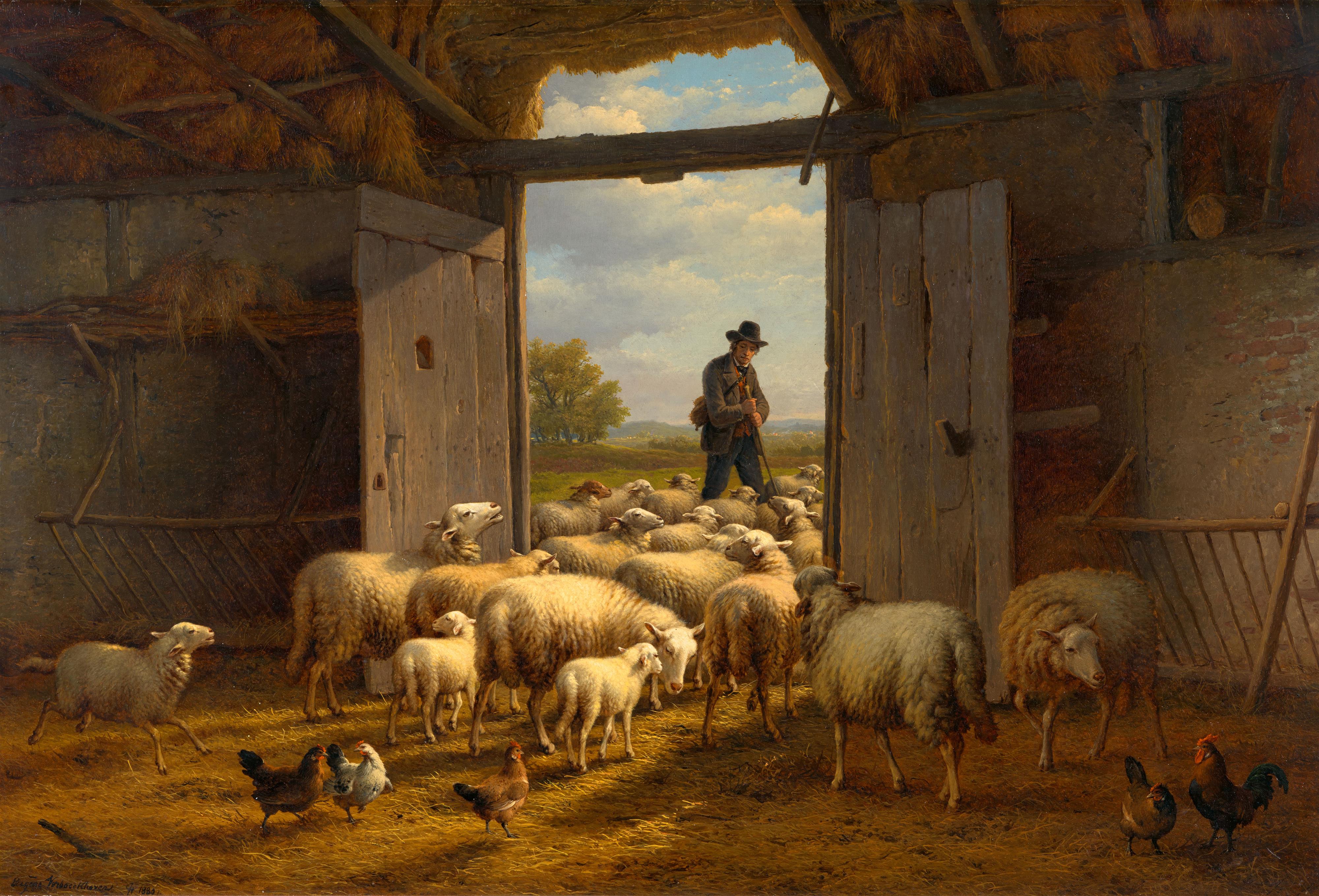 Eugène-Joseph Verboeckhoven - Flock of Sheep in a Stable - image-1