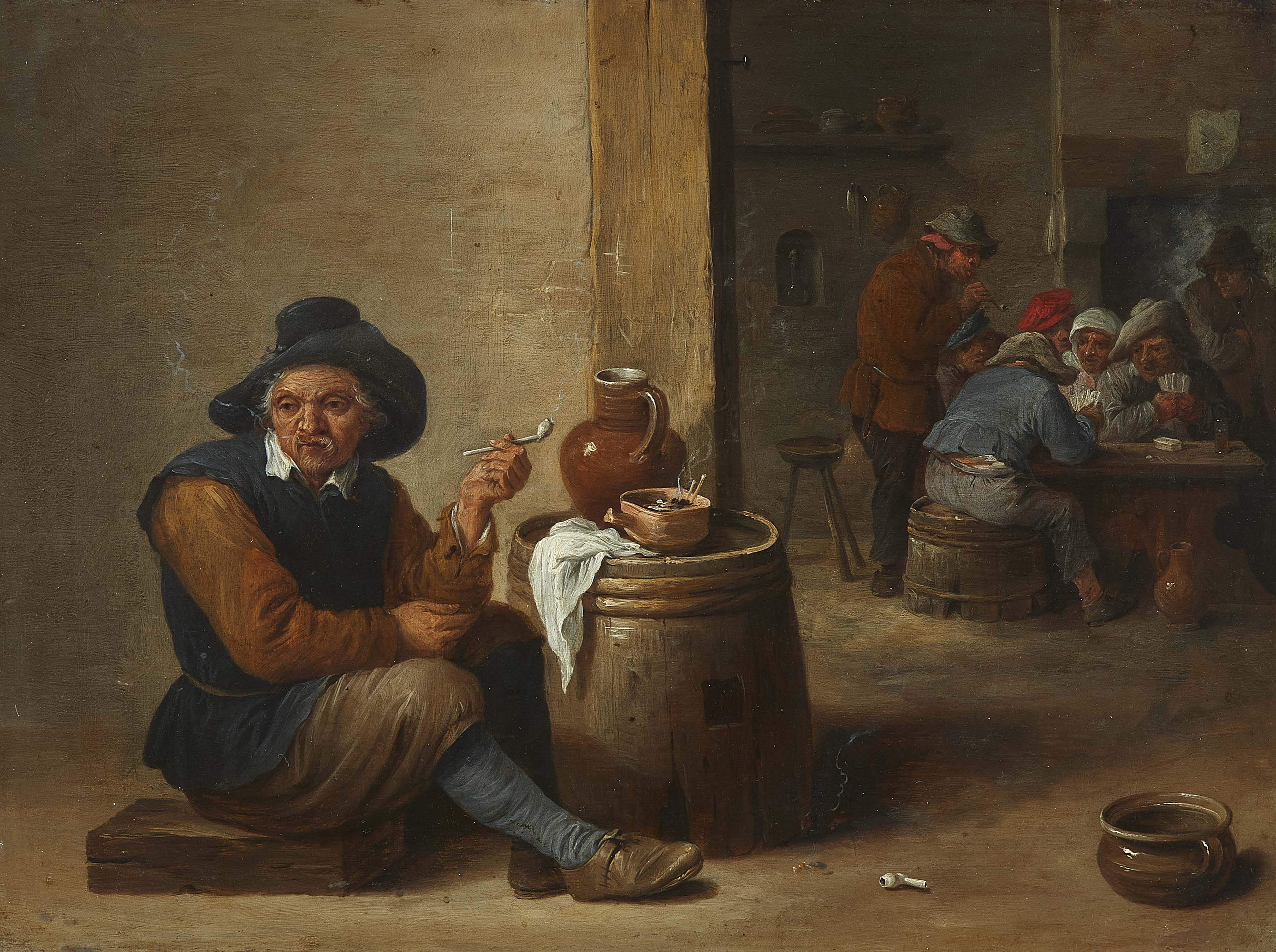 David Teniers the Younger - Pipe smoking man and card player