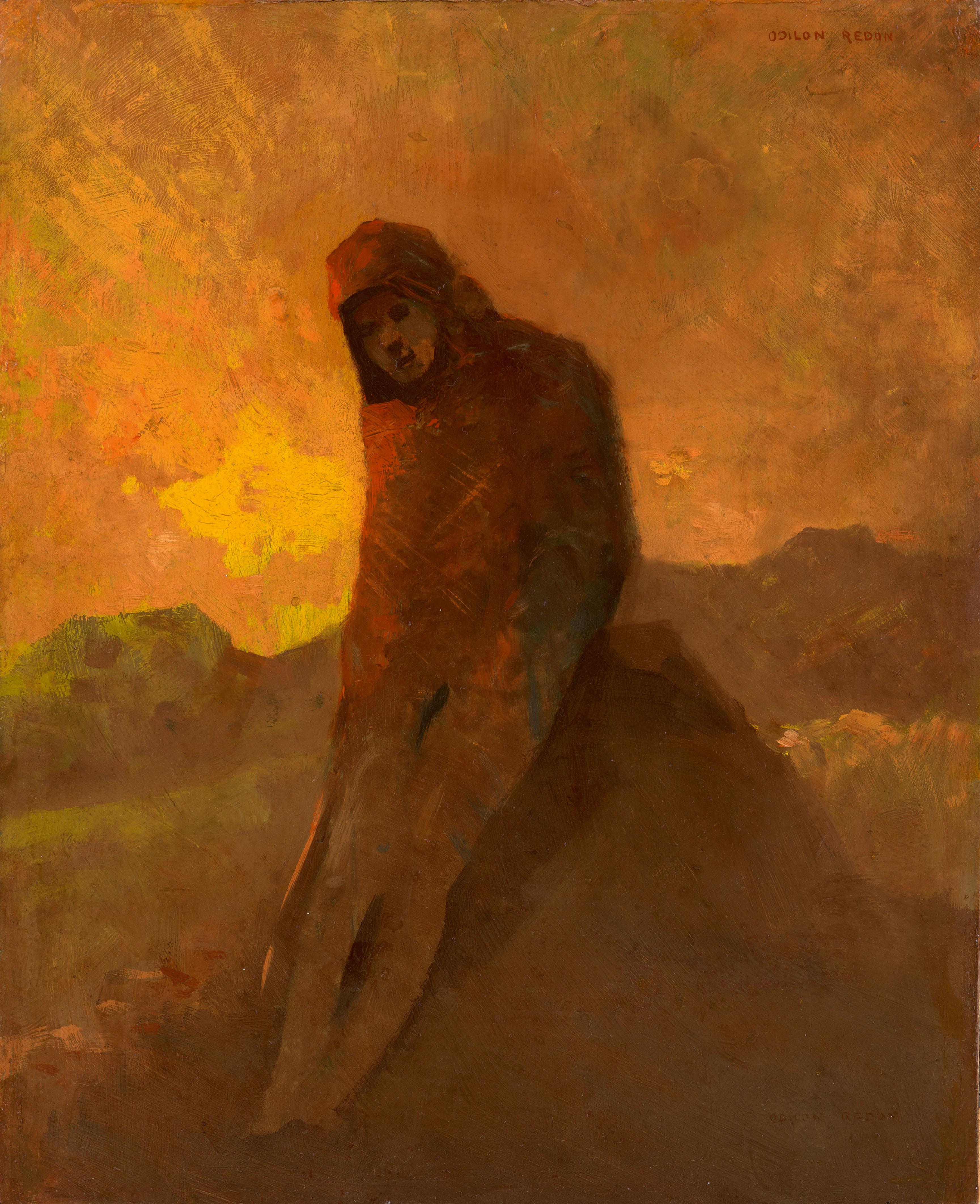 Odilon Redon - Figure en rouge assise sur un rocher