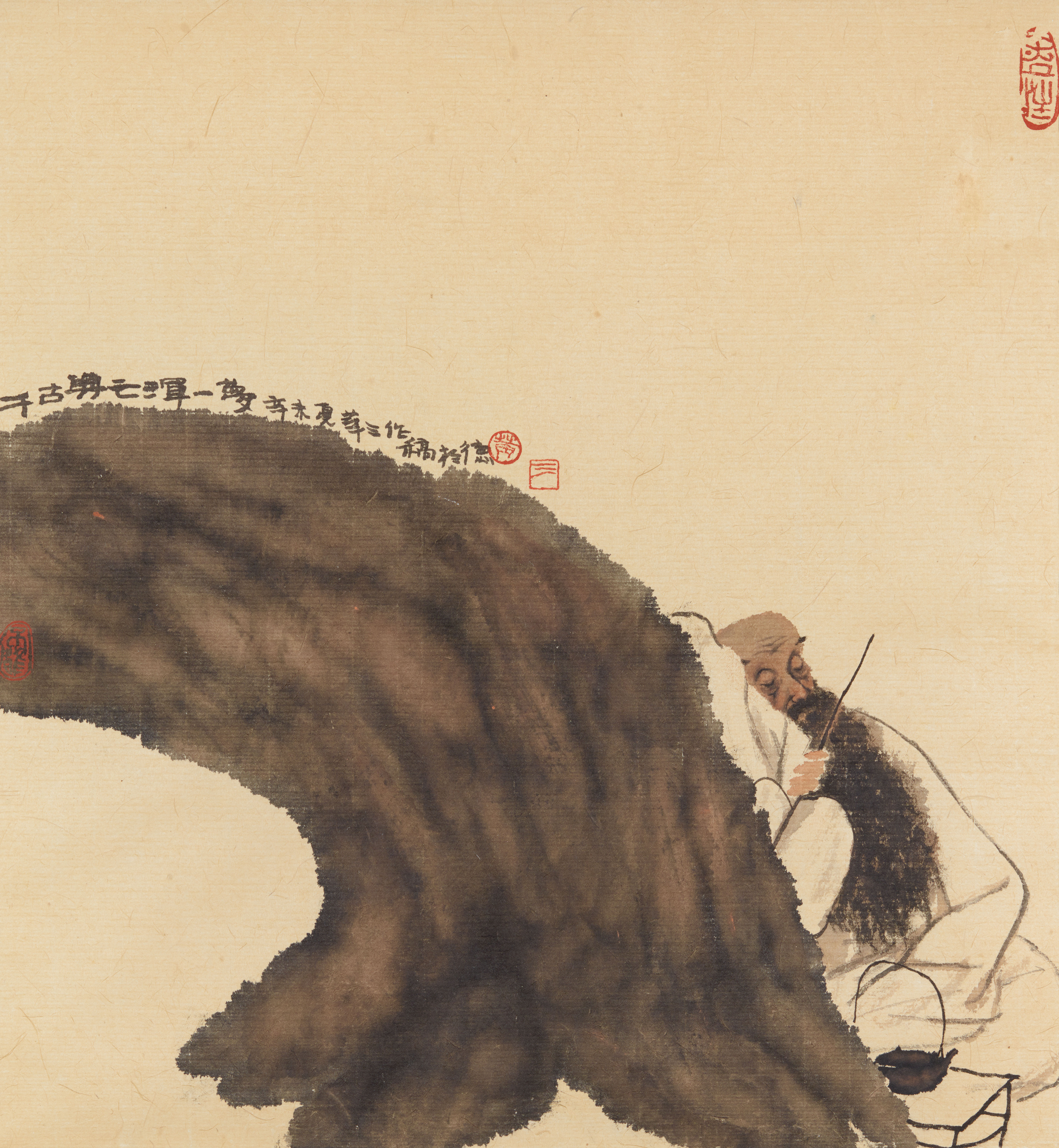 Huang Huasan (geb. 1966) - Träumender Gelehrter an einem Baumstamm. Tusche und leichte Farbe auf Papier. Huang Huasan (geb. 1966)