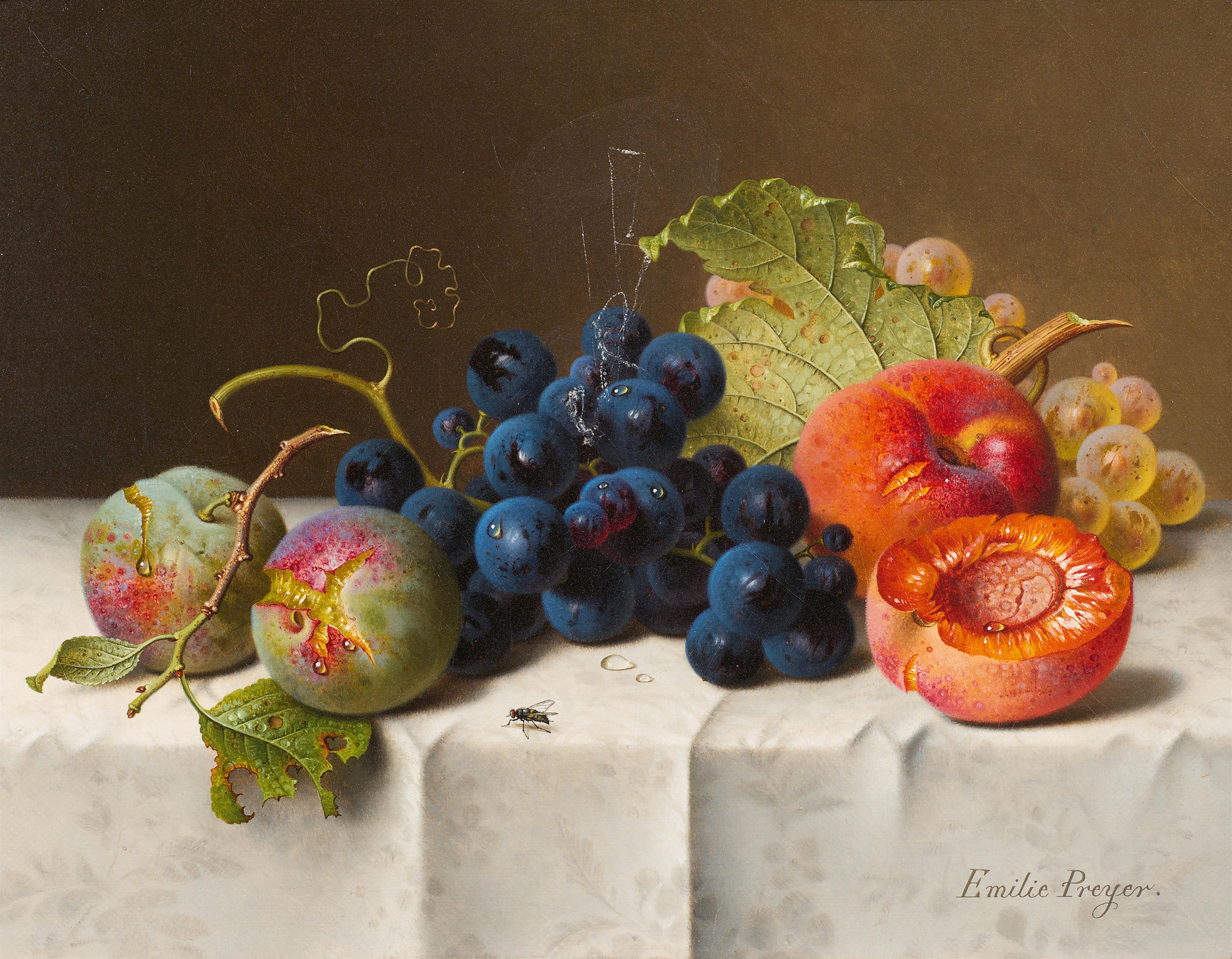 Emilie Preyer - Still Life with Plums, Grapes and Peaches on a White Tablecloth