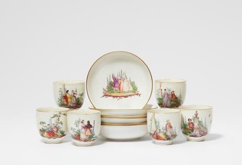 Six porcelain cups and saucers with courtship scenes - 