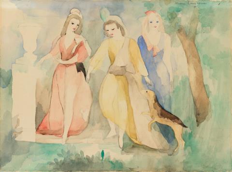 Marie Laurencin - Trois jeunes filles au chien, rose, bleu et vert