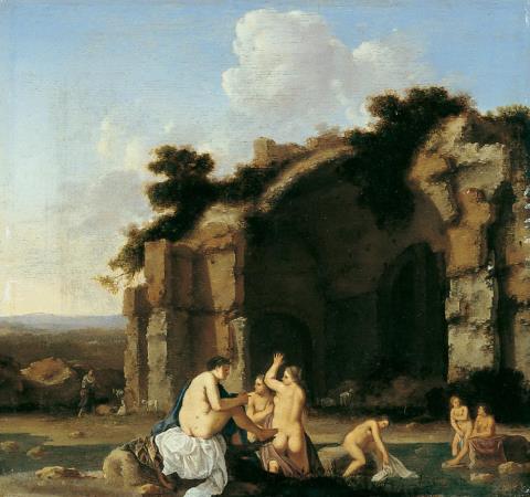 Cornelis van Poelenburgh - BADENDE FRAUEN (NYMPHEN) VOR RÖMISCHEN RUINEN.