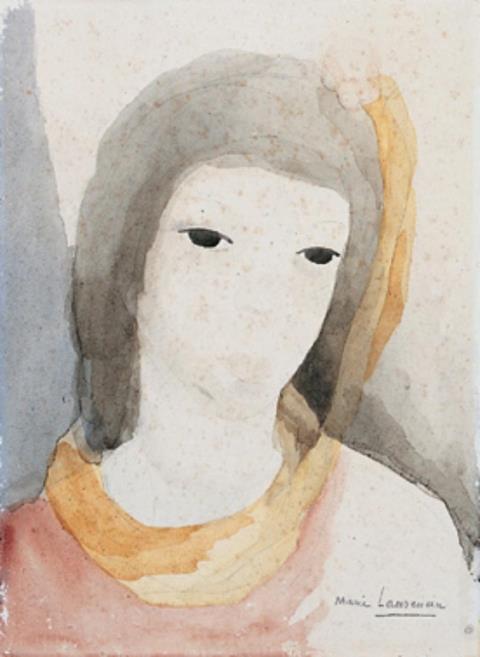 Marie Laurencin - Tête de jeune femme à droite avec rose et foulard jaune