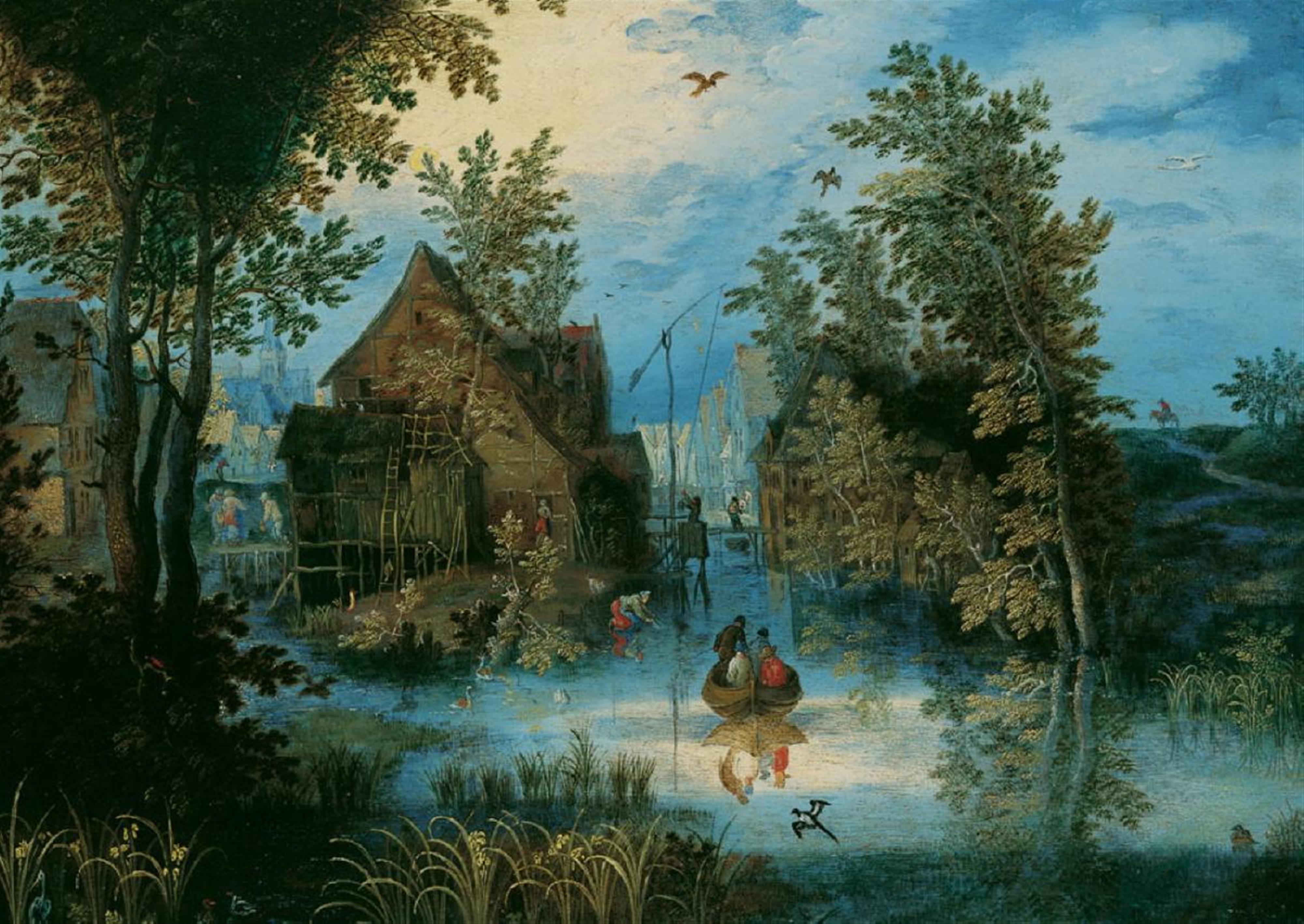 Jan Brueghel d. J. - DORFGRACHT MIT LANDUNGSSTEG UND ZIEHBRUNNEN.