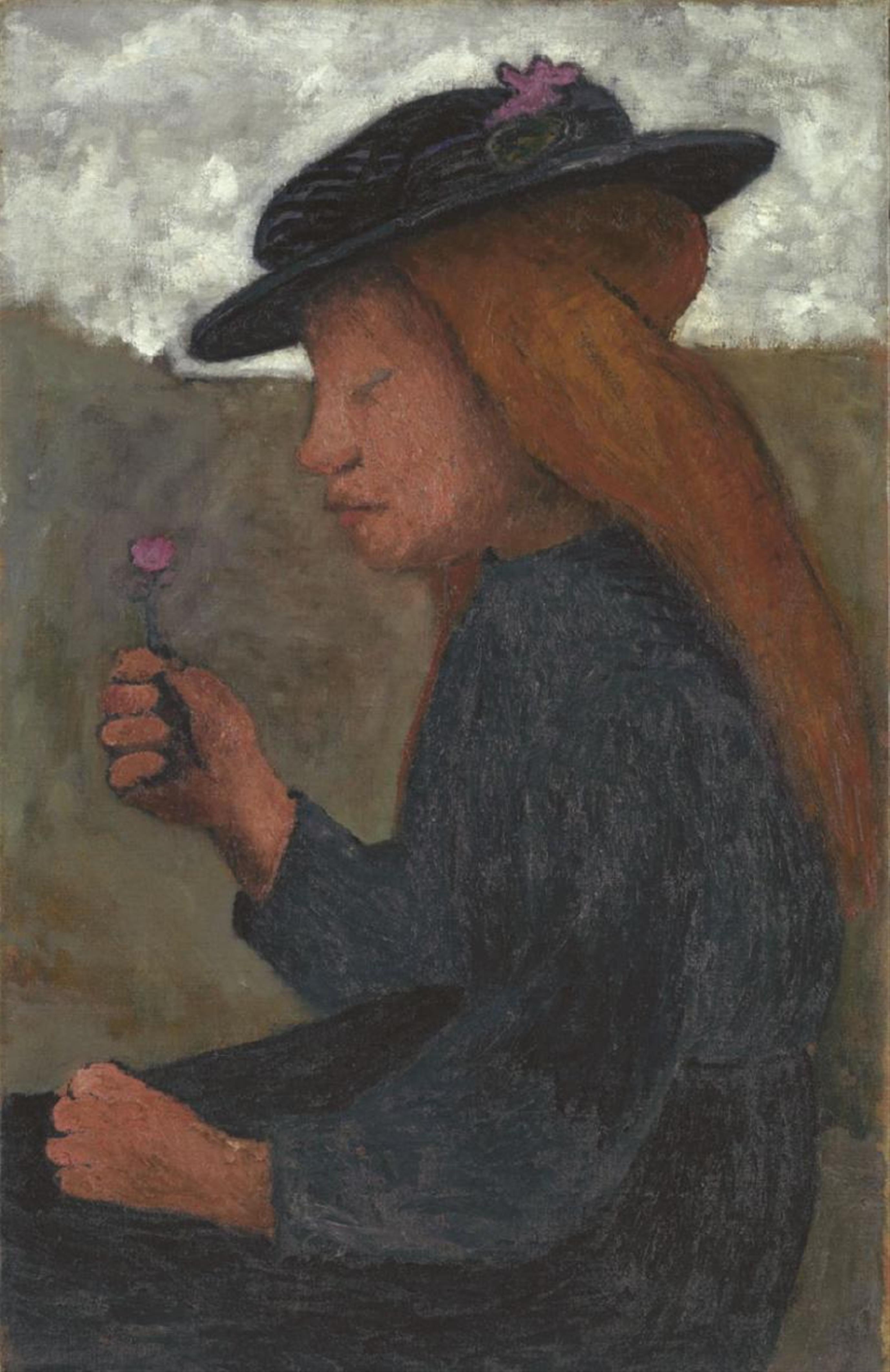 Paula Modersohn-Becker - Sitzendes Mädchen mit schwarzem Hut und Blume in der rechten Hand - image-1