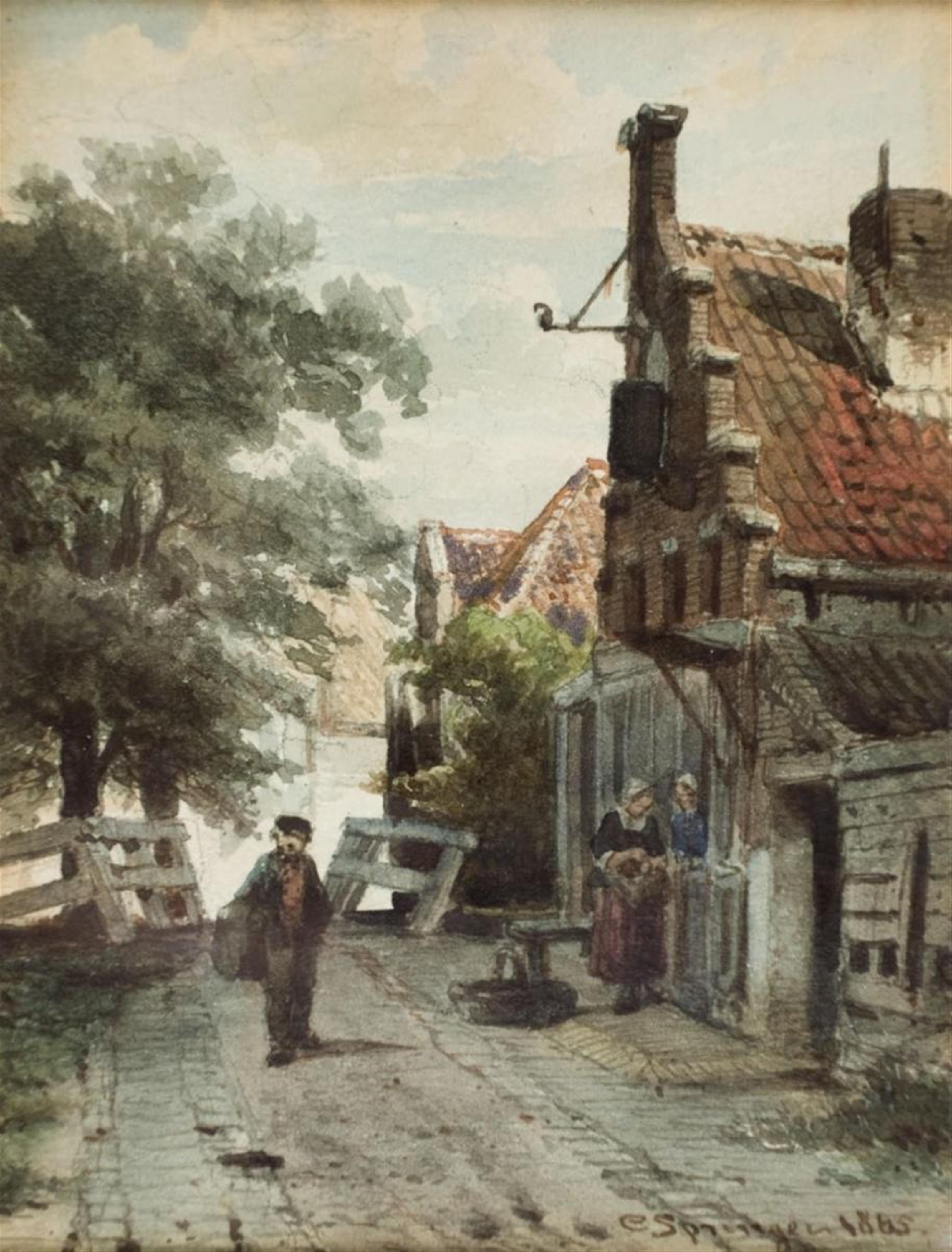 Cornelis Springer - DUTCH VILLAGE STREET WITH FIGURES - image-1