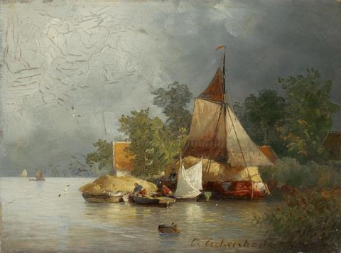 Andreas Achenbach - RIVER LANDSCAPE WITH BARGES