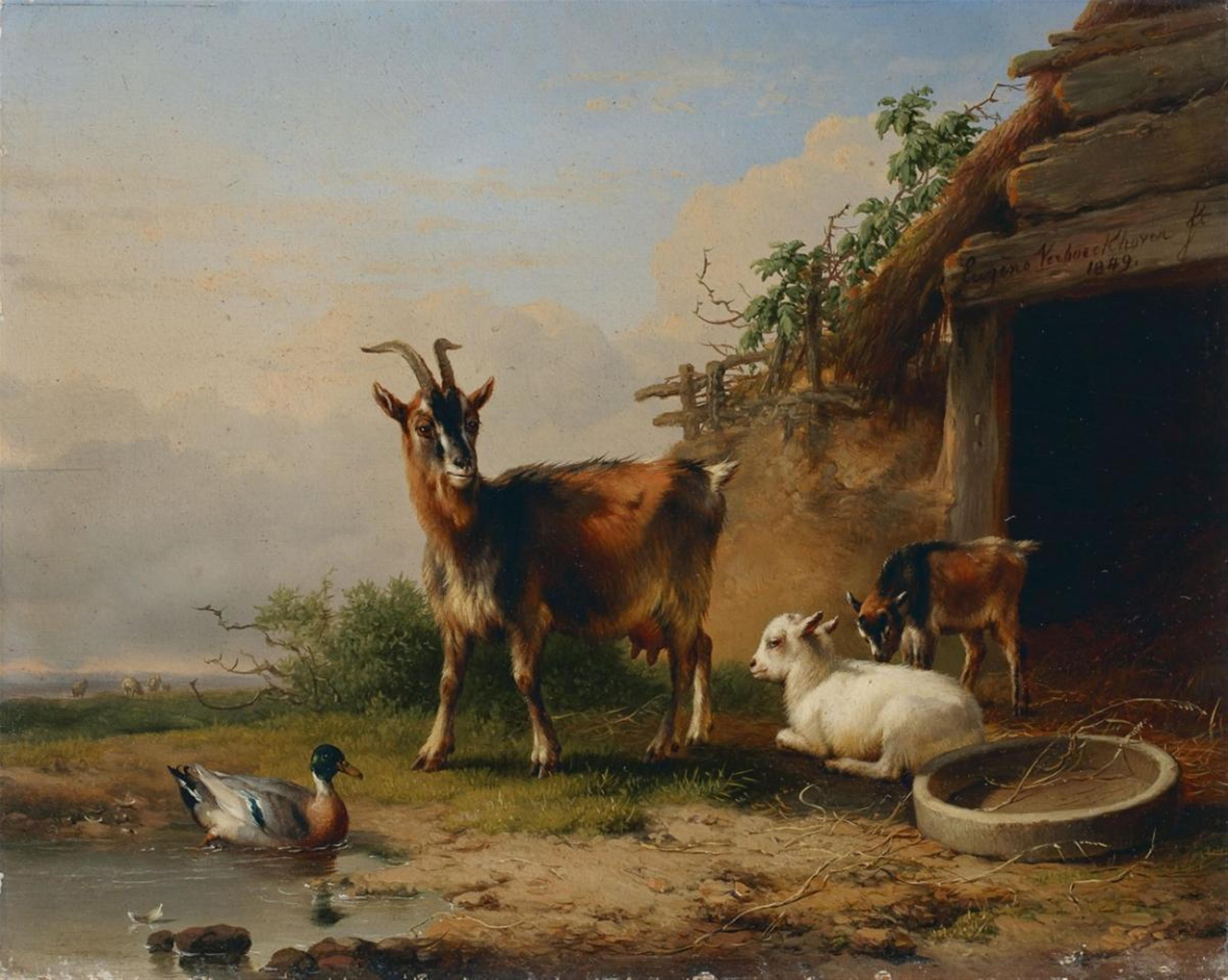 Eugène-Joseph Verboeckhoven - GOATS IN FRONT OF A BARN - image-1