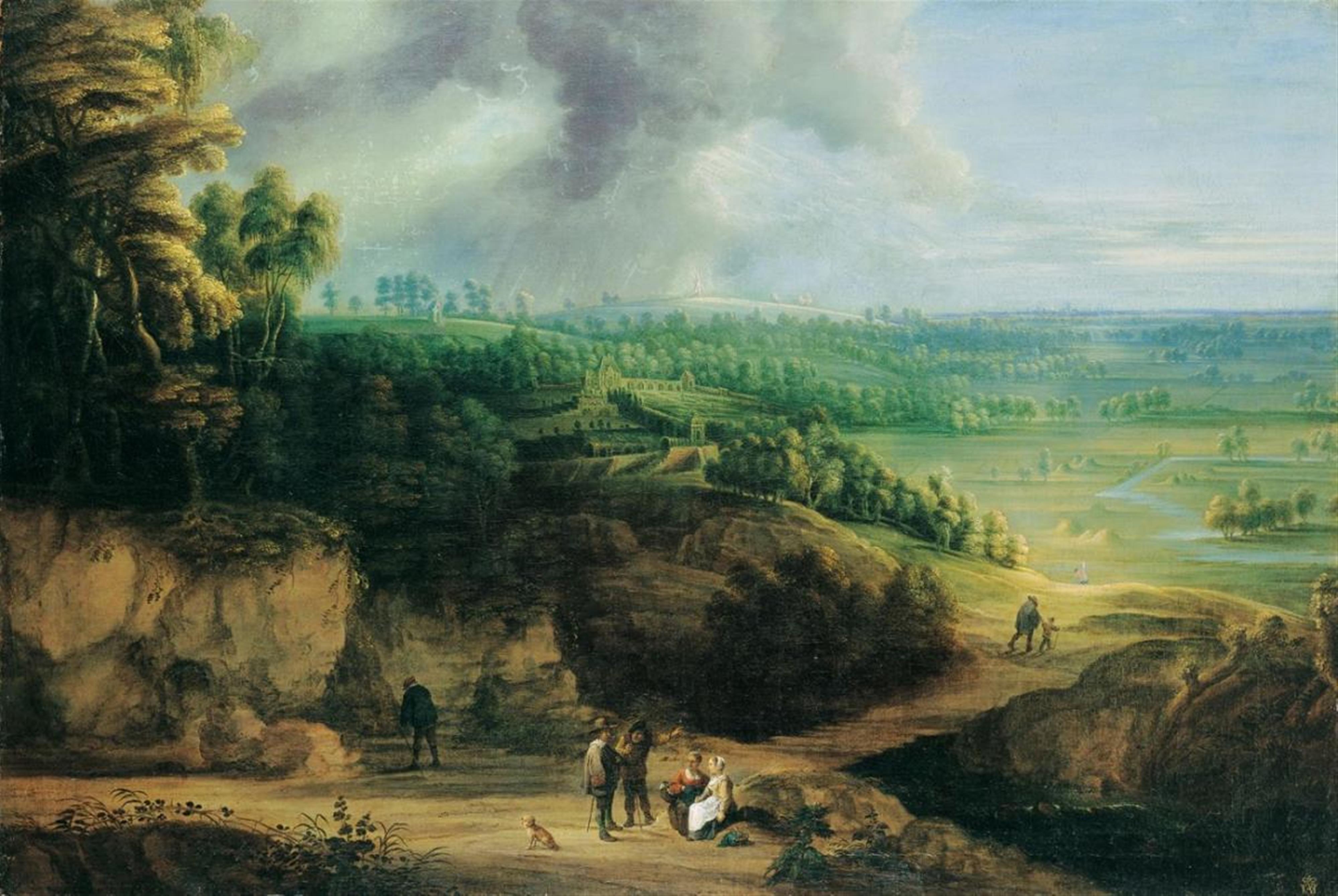 Lucas van Uden and DAVID TENIERS THE YOUNGER - PANORAMIC LANDSCAPE WITH CASTLE AND FIGURES