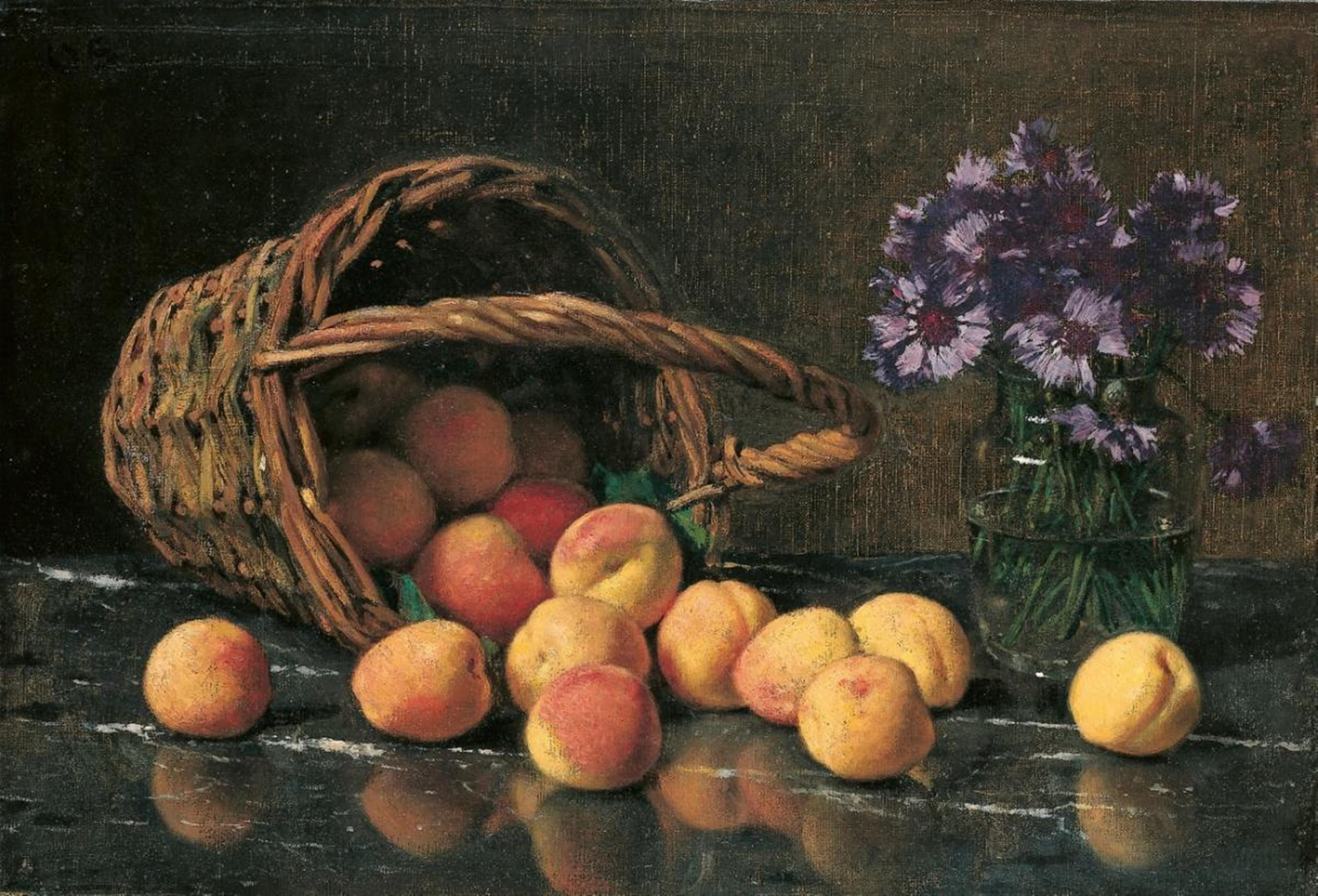 Otto Scholderer - SILL LIFE WITH BASKETT, APRICOTS AND FLOWERS - image-1