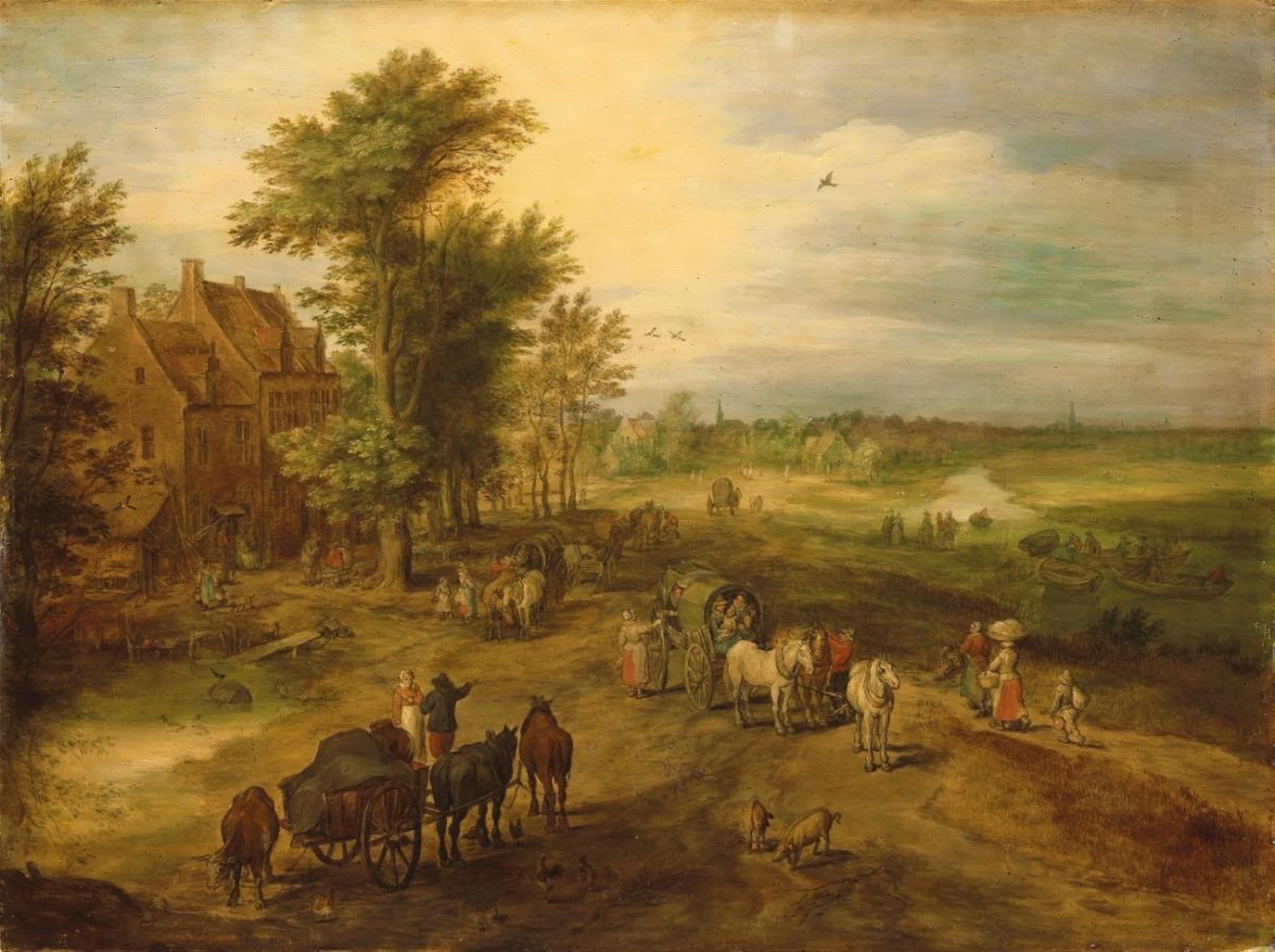 Jan Brueghel the Elder, follower of - VILLAGE WITH TRAVELLERS AND PEASANTS - image-1