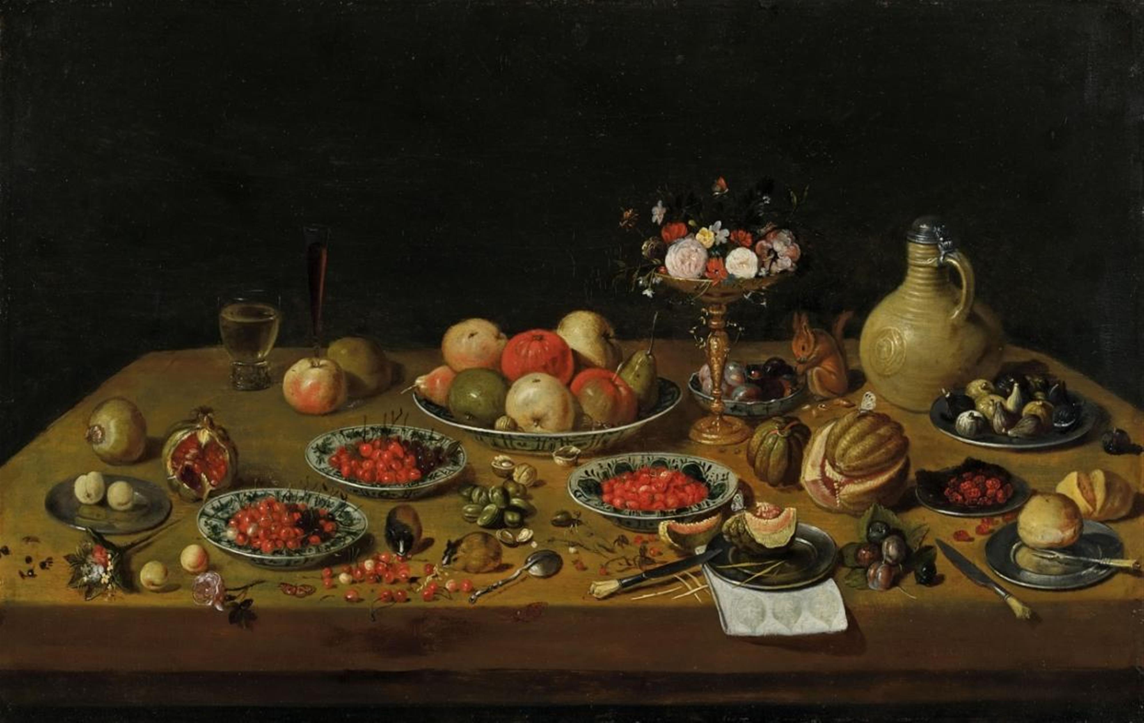 Jan van Kessel the Elder, attributed to - FRUIT STILL LIFE WITH FLOWER TAZZA, SQUIRREL, AND JAR