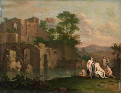 Cornelis van Poelenburgh - SOUTHERN LANDSCAPE WITH RUINS AND BATHING FIGURES