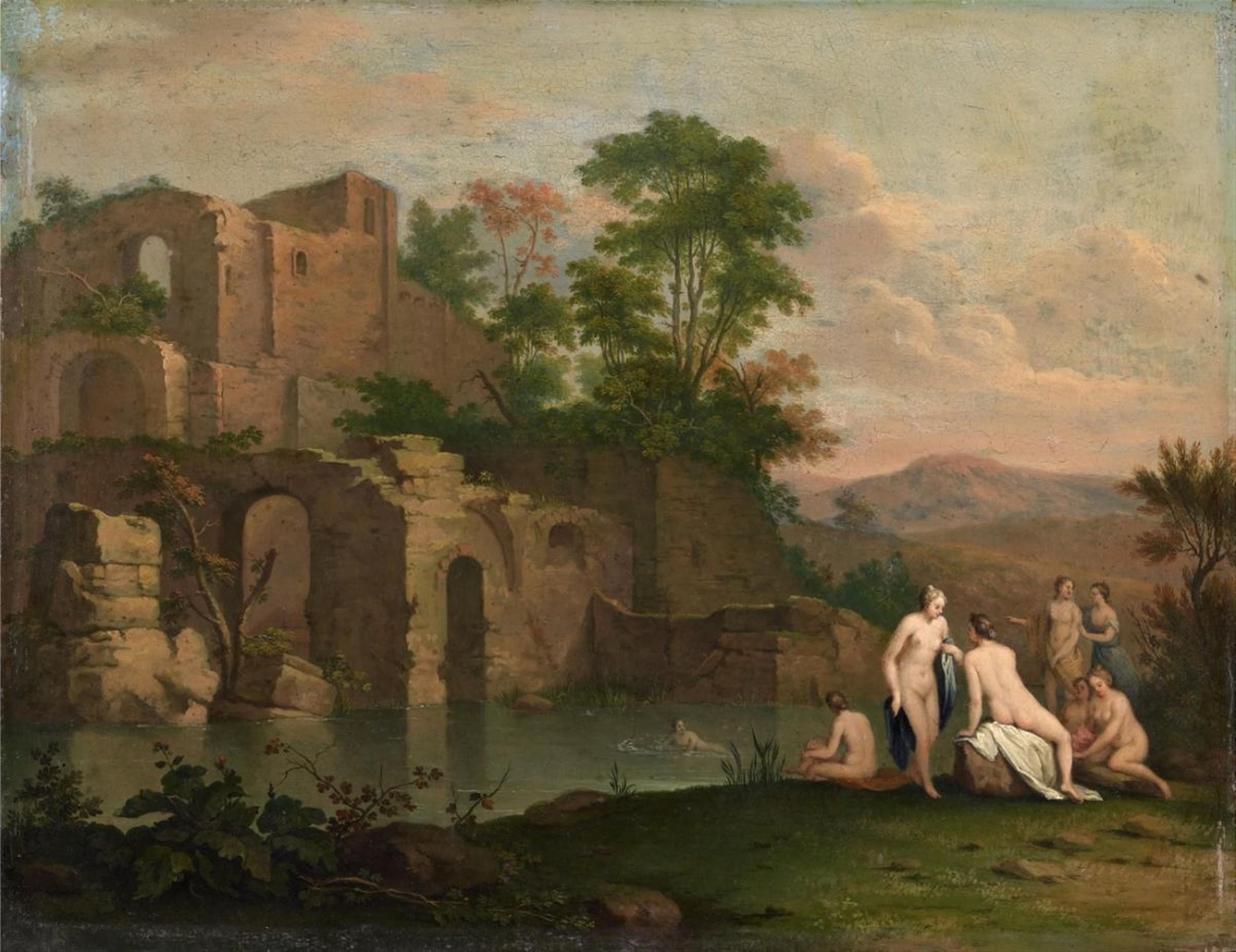 Cornelis van Poelenburgh - SOUTHERN LANDSCAPE WITH RUINS AND BATHING FIGURES - image-1
