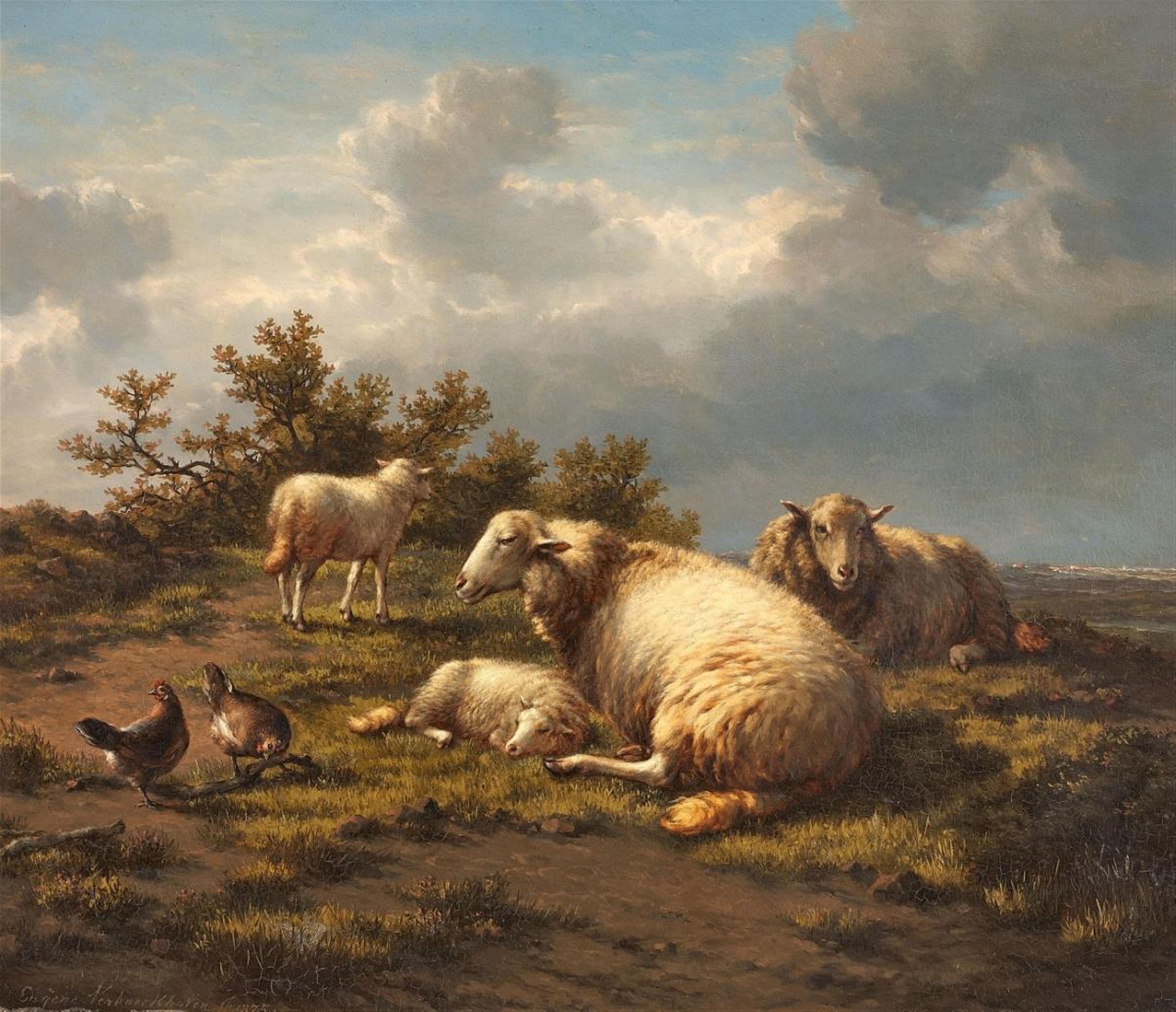 Eugène-Joseph Verboeckhoven - LANDSCAPE WITH SHEEPS AND HENS - image-1