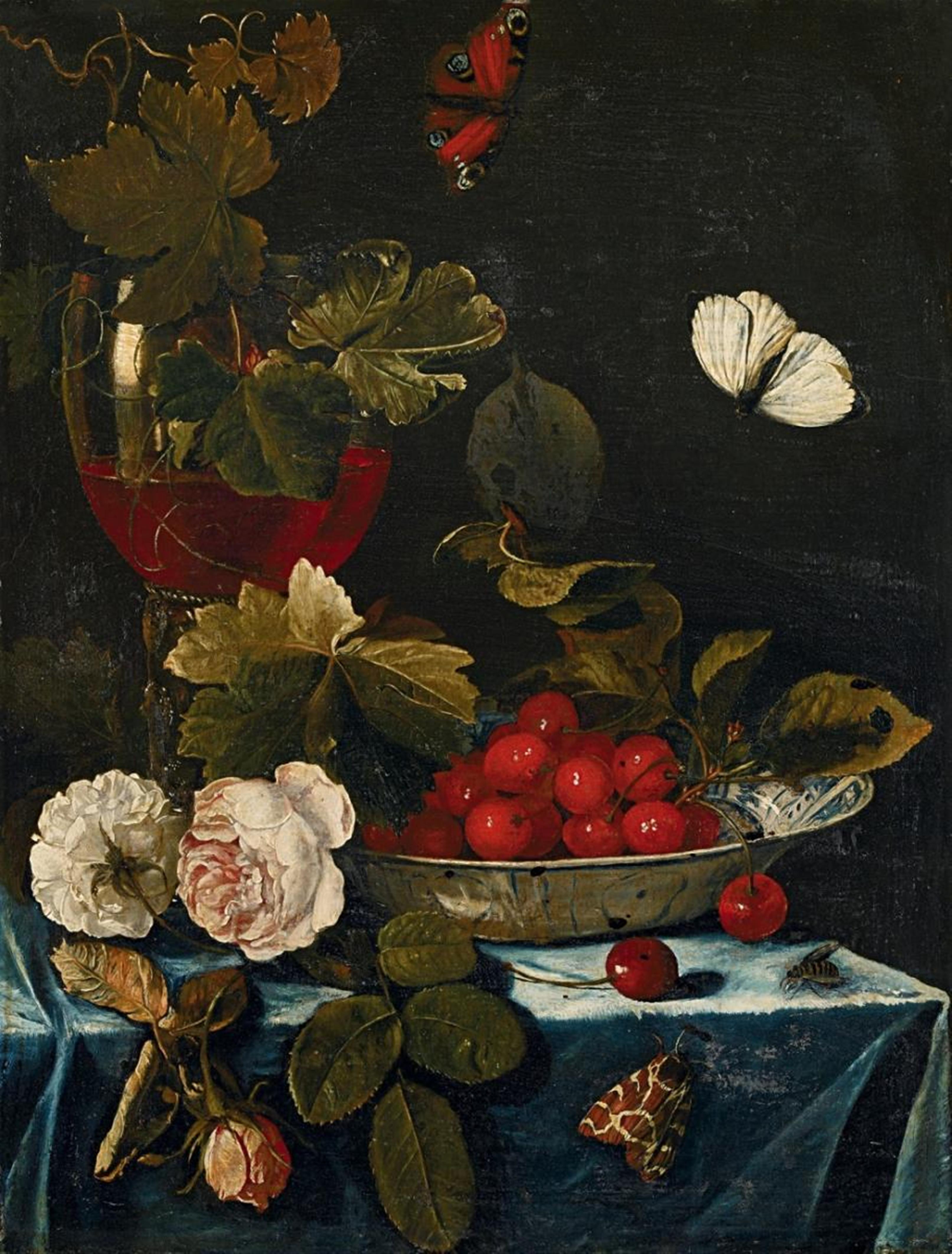Harmen Loeding - STILL LIFE WITH ROSES, ROEMER AND A CHINESE BOWL WITH CHERRIES