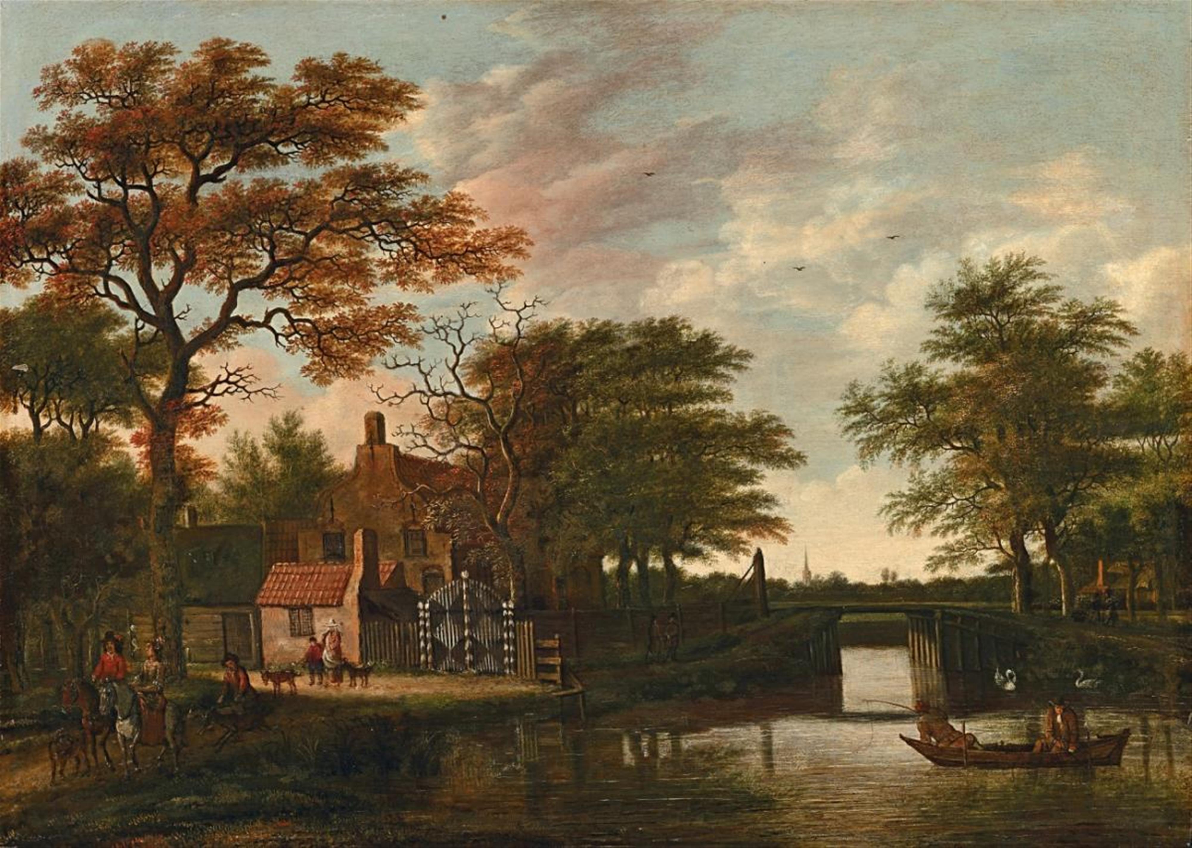 Pieter Jansz. van Asch - EVENING LANDSCAPE WITH A FARM HOUSE AND A BRIDGE