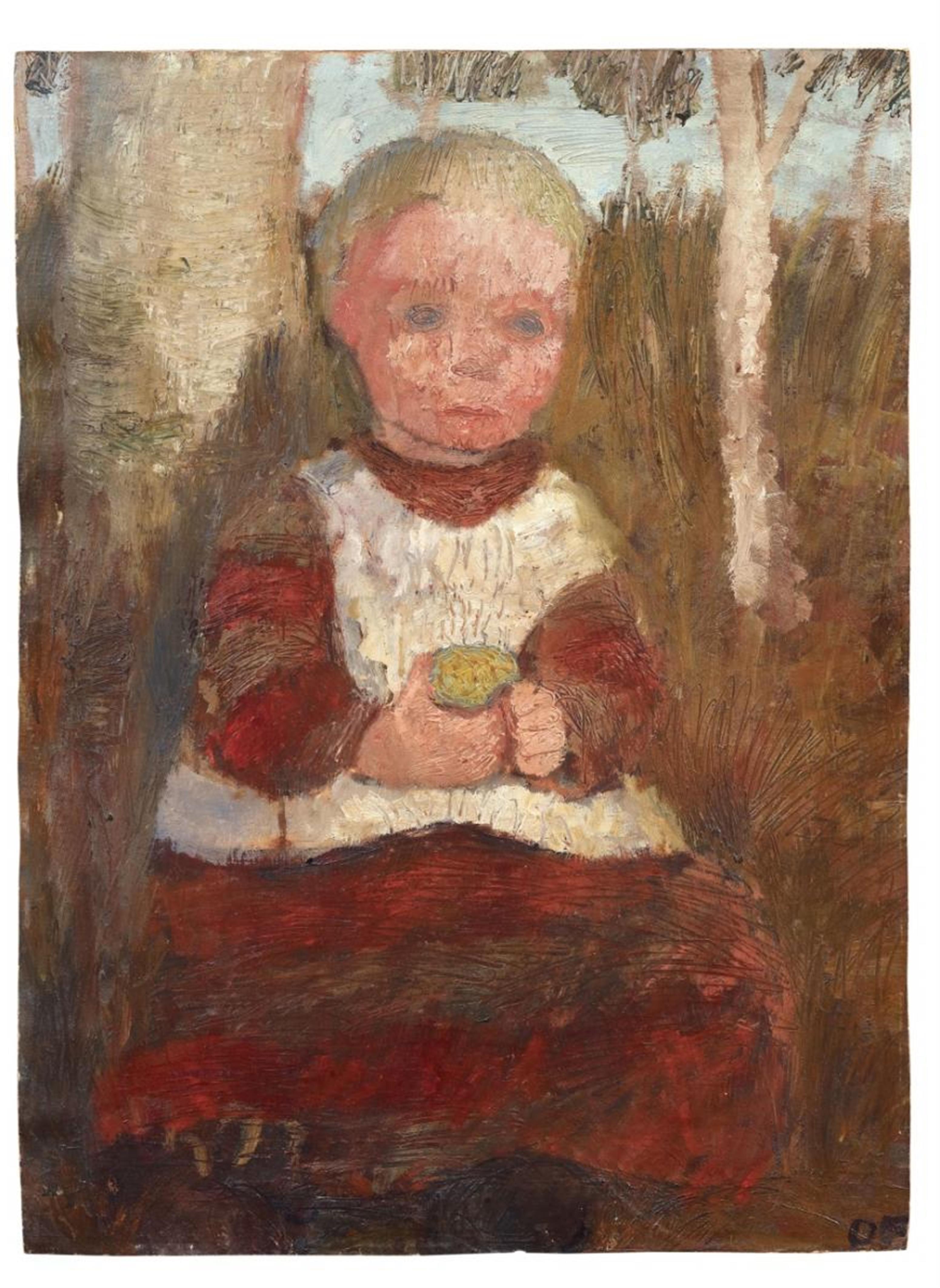 Paula Modersohn-Becker - Sitzendes Kind an einer Birke (Kind mit Frucht). Verso: Bauernmädchen am Hang vor wolkigem Himmel