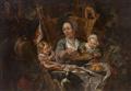 Jacob Jordaens, follower of - A PEASANT FAMILY DINING IN AN INTERIOR TWO CHILDREN WITH A DOG, CHICKEN REPELLENT - image-1