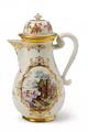 A Meissen coffee pot with delicately painted European landscapes in quatrefoil cartouches. - image-3