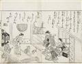 Sukenobu Nishikawa and
andere Künstler of the 18th century - Group of 13 single and double page black-and-white and colour illustrations, some with hand colouration, from various books. Virtuous scenes and scenes around a tea house, actor... - image-6