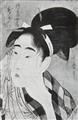 Kitagawa Utamaro - Oban. Series: Denbei nyobo Oshun ga so. Okubi-e. Portrait of the young beauty Oshun, after her bath. Signed: Utamaro hitsu. About 1800. Very good impression, mica, colours sligh... - image-3