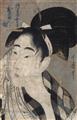 Kitagawa Utamaro - Oban. Series: Denbei nyobo Oshun ga so. Okubi-e. Portrait of the young beauty Oshun, after her bath. Signed: Utamaro hitsu. About 1800. Very good impression, mica, colours sligh... - image-4